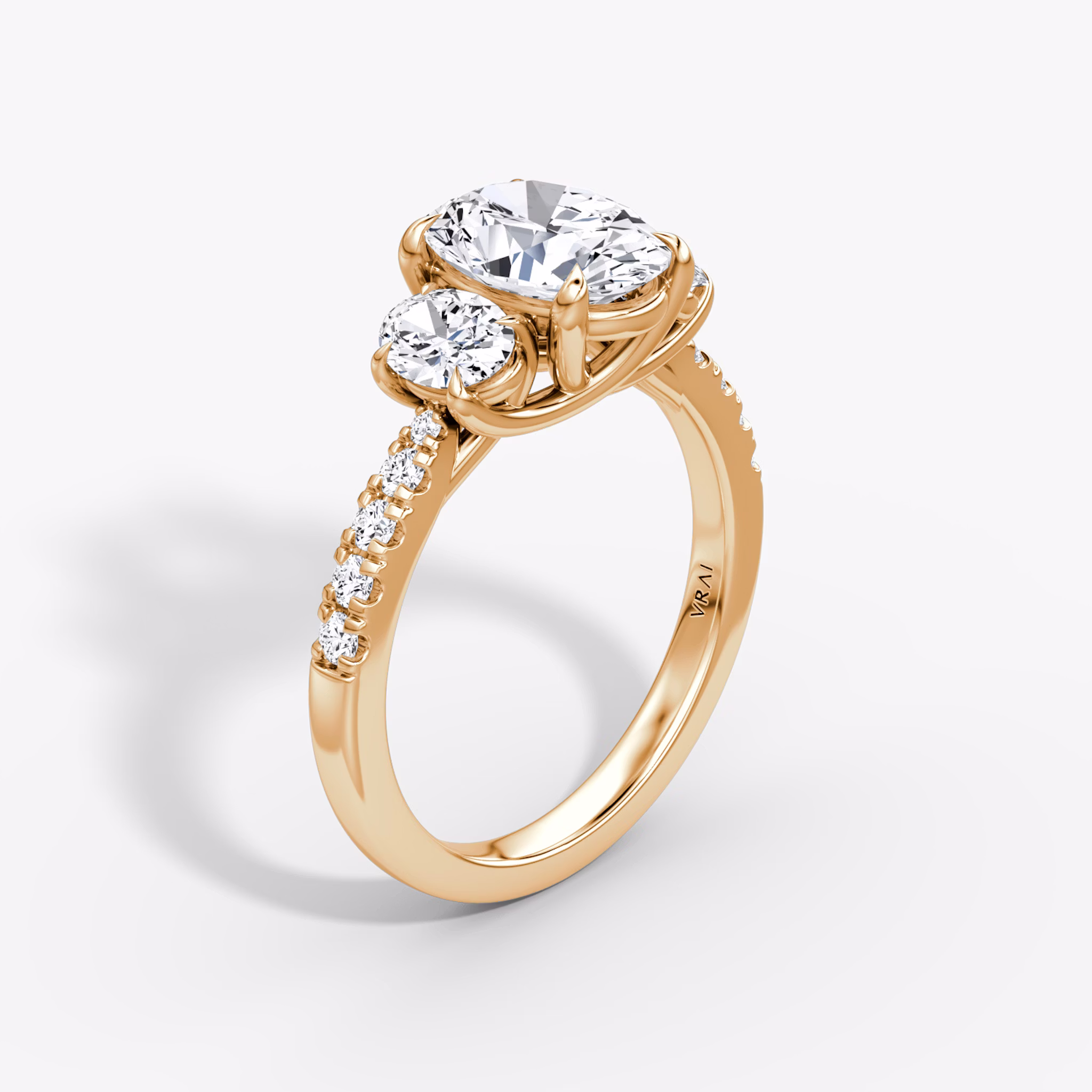 the trellis three stone engagement ring oval pave rose gold