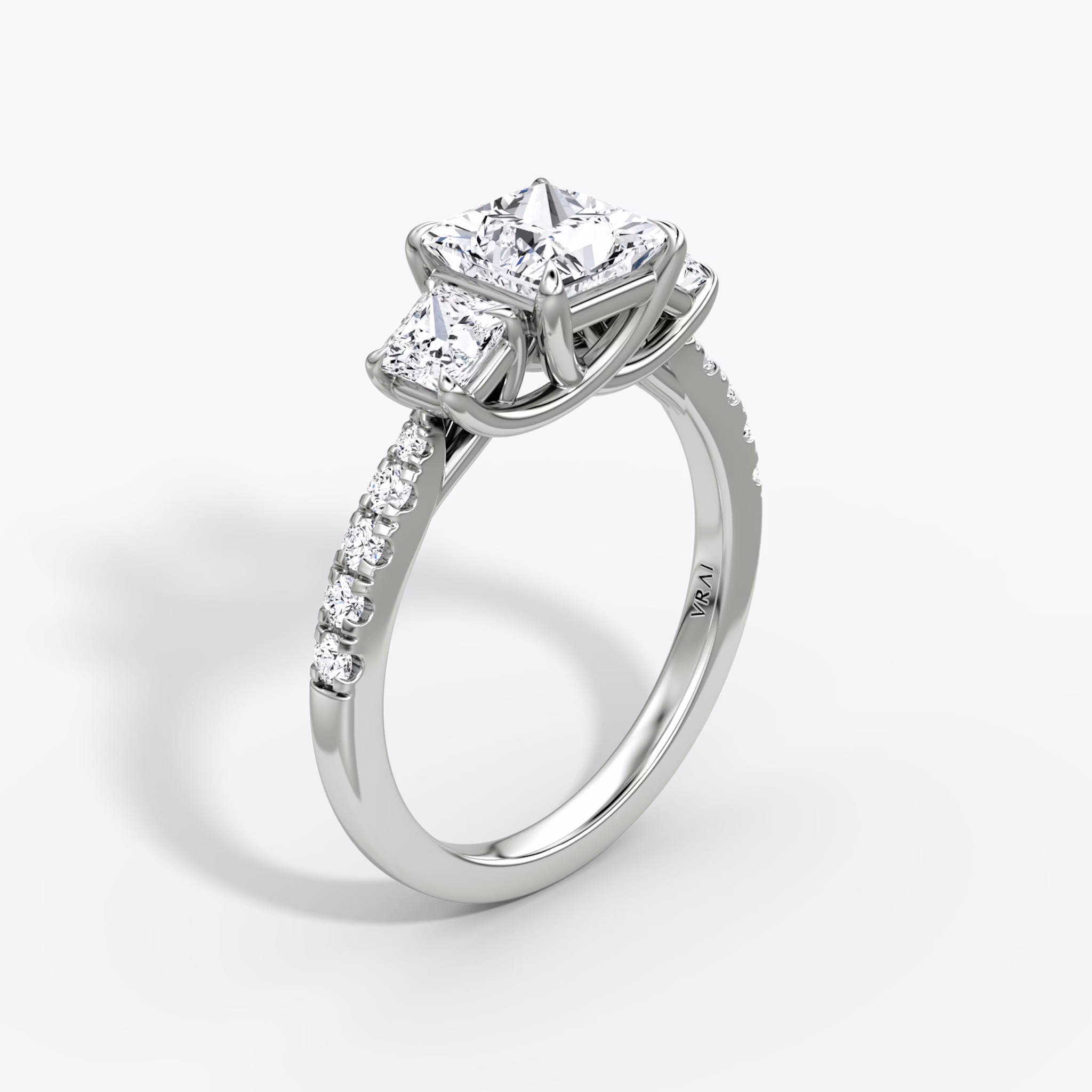 The Trellis Three Stone | Princess | Platinum | bandAccent: Pavé | diamondOrientation: vertical | caratWeight: other