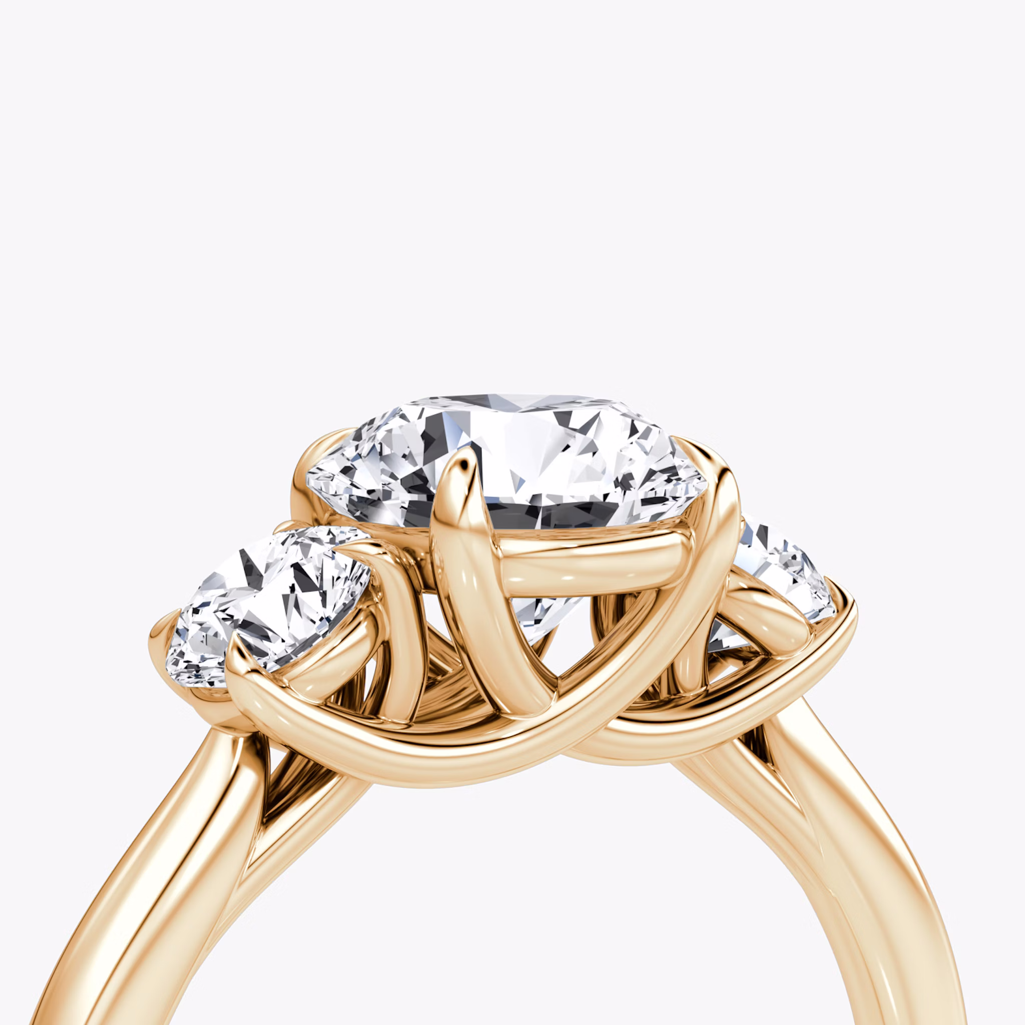 The Trellis Three Stone | Round Brilliant | 14k | Rose Gold | bandAccent: Plain | caratWeight: other | diamondOrientation: vertical