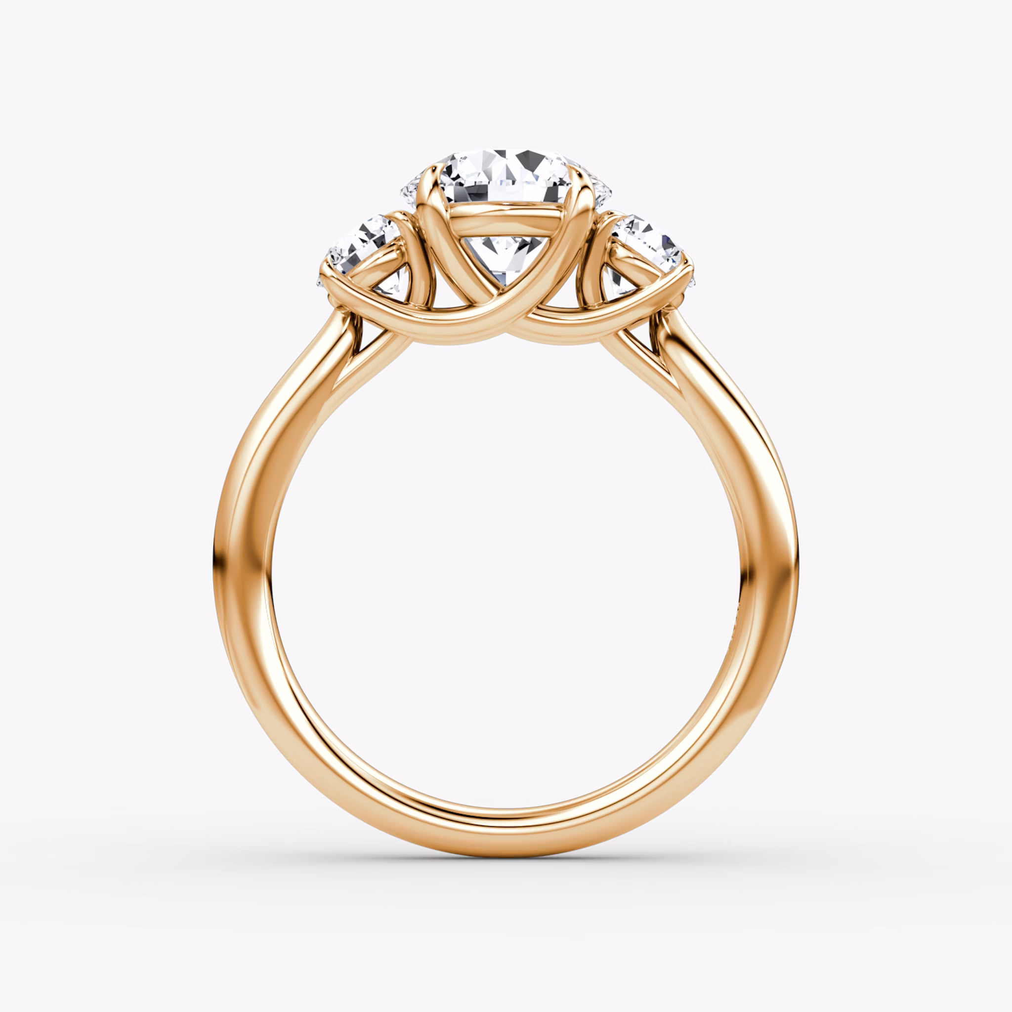 The Trellis Three Stone | Round Brilliant | 14k | Rose Gold | bandAccent: Plain | caratWeight: other | diamondOrientation: vertical