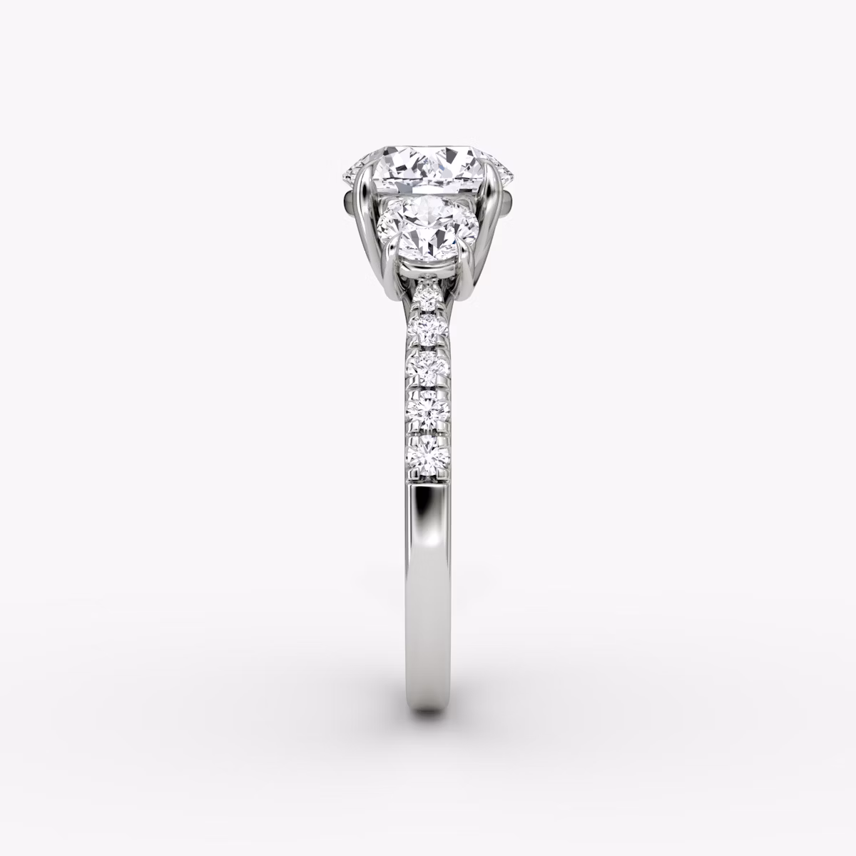 The Trellis Three Stone | Round Brilliant | 18k | White Gold | bandAccent: Pavé | caratWeight: 2.0ct | diamondOrientation: vertical