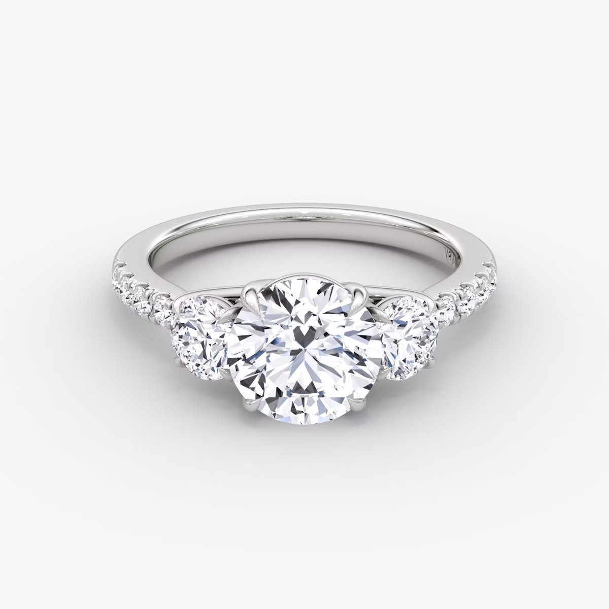The Trellis Three Stone | Round Brilliant | 18k | White Gold | bandAccent: Pavé | caratWeight: 2.0ct | diamondOrientation: vertical