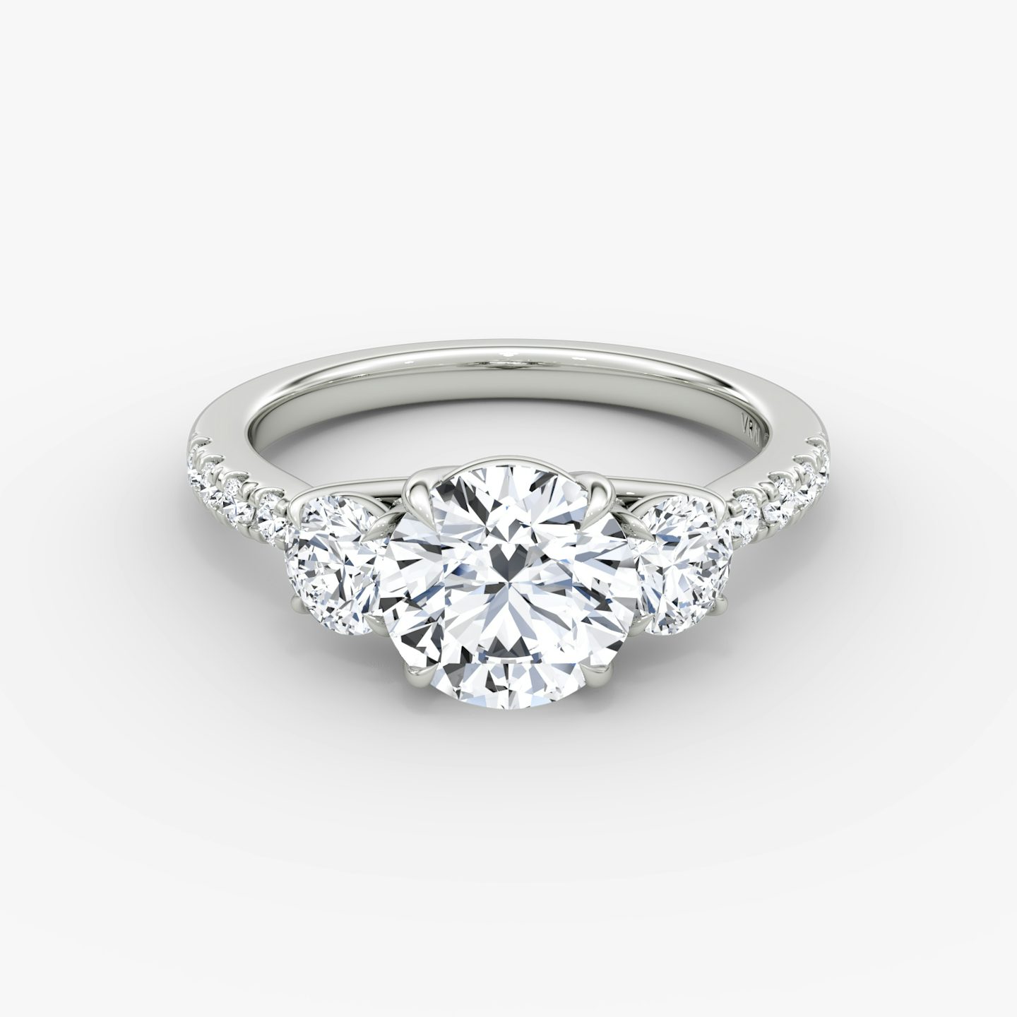 The Trellis Three Stone | Round Brilliant | Platinum | bandAccent: Pavé | caratWeight: 1.0ct | diamondOrientation: vertical