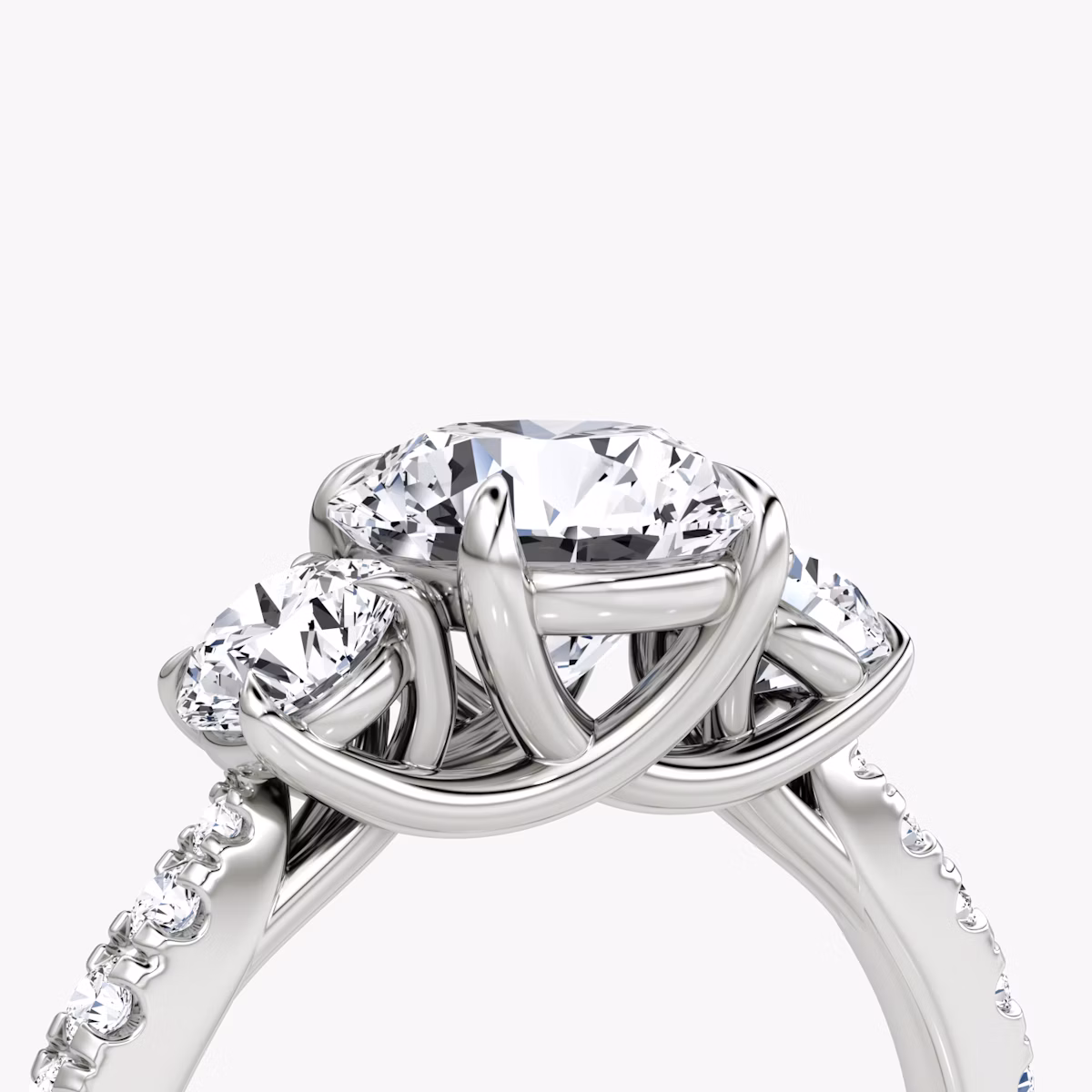 The Trellis Three Stone | Round Brilliant | 18k | White Gold | bandAccent: Pavé | caratWeight: 2.0ct | diamondOrientation: vertical