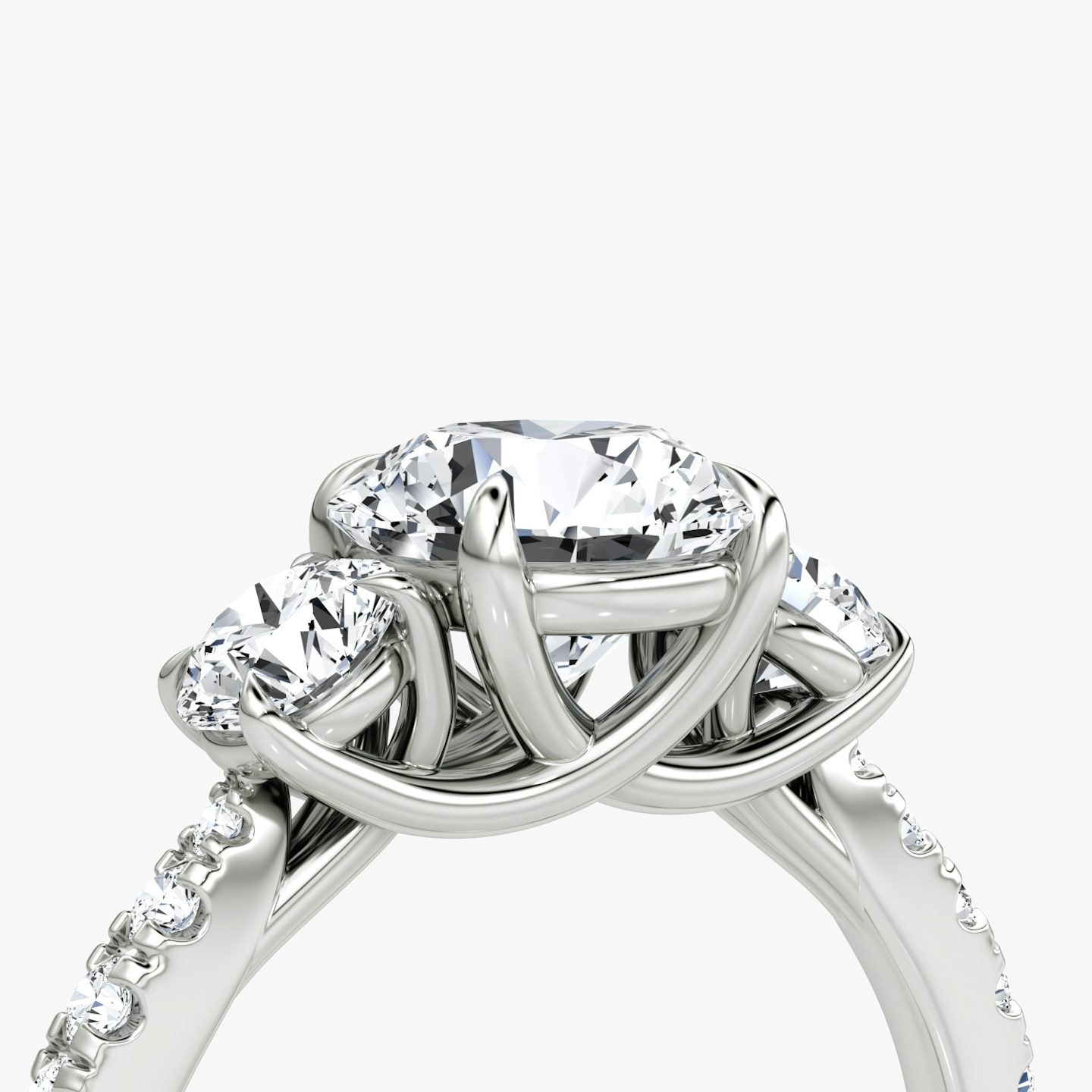 The Trellis Three Stone | Round Brilliant | Platinum | bandAccent: Pavé | caratWeight: 1.0ct | diamondOrientation: vertical