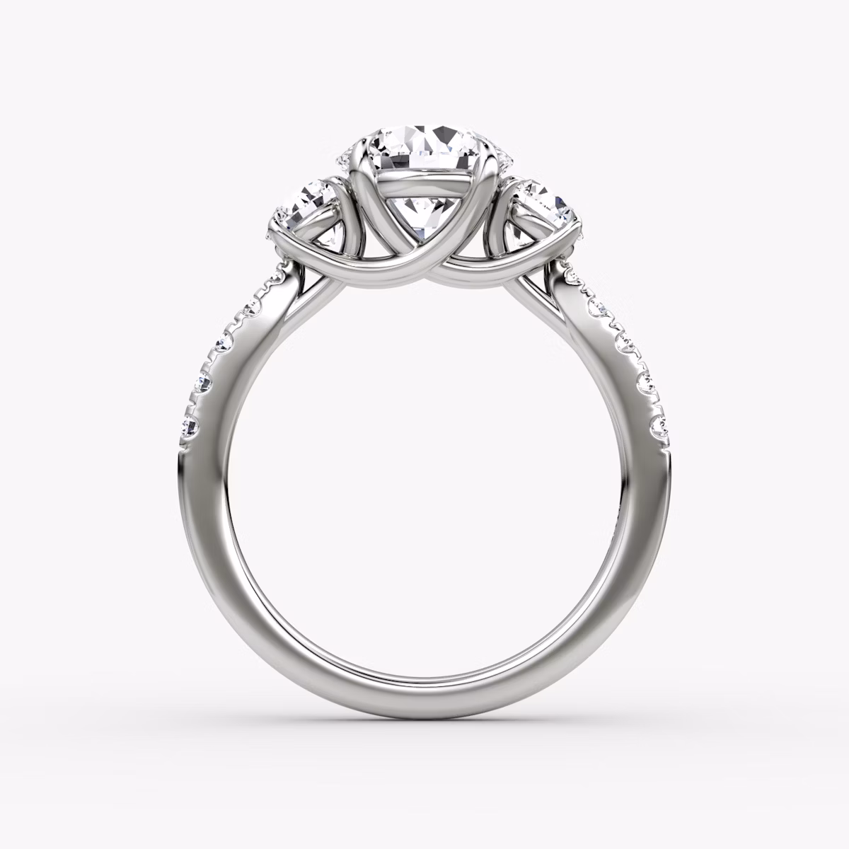 The Trellis Three Stone | Round Brilliant | 18k | White Gold | bandAccent: Pavé | caratWeight: 2.0ct | diamondOrientation: vertical
