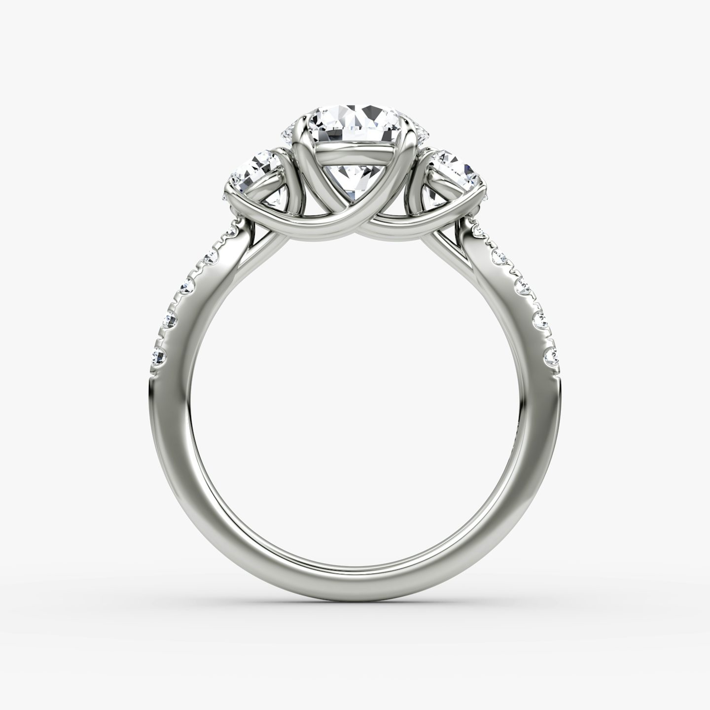 The Trellis Three Stone | Round Brilliant | Platinum | bandAccent: Pavé | caratWeight: 1.0ct | diamondOrientation: vertical