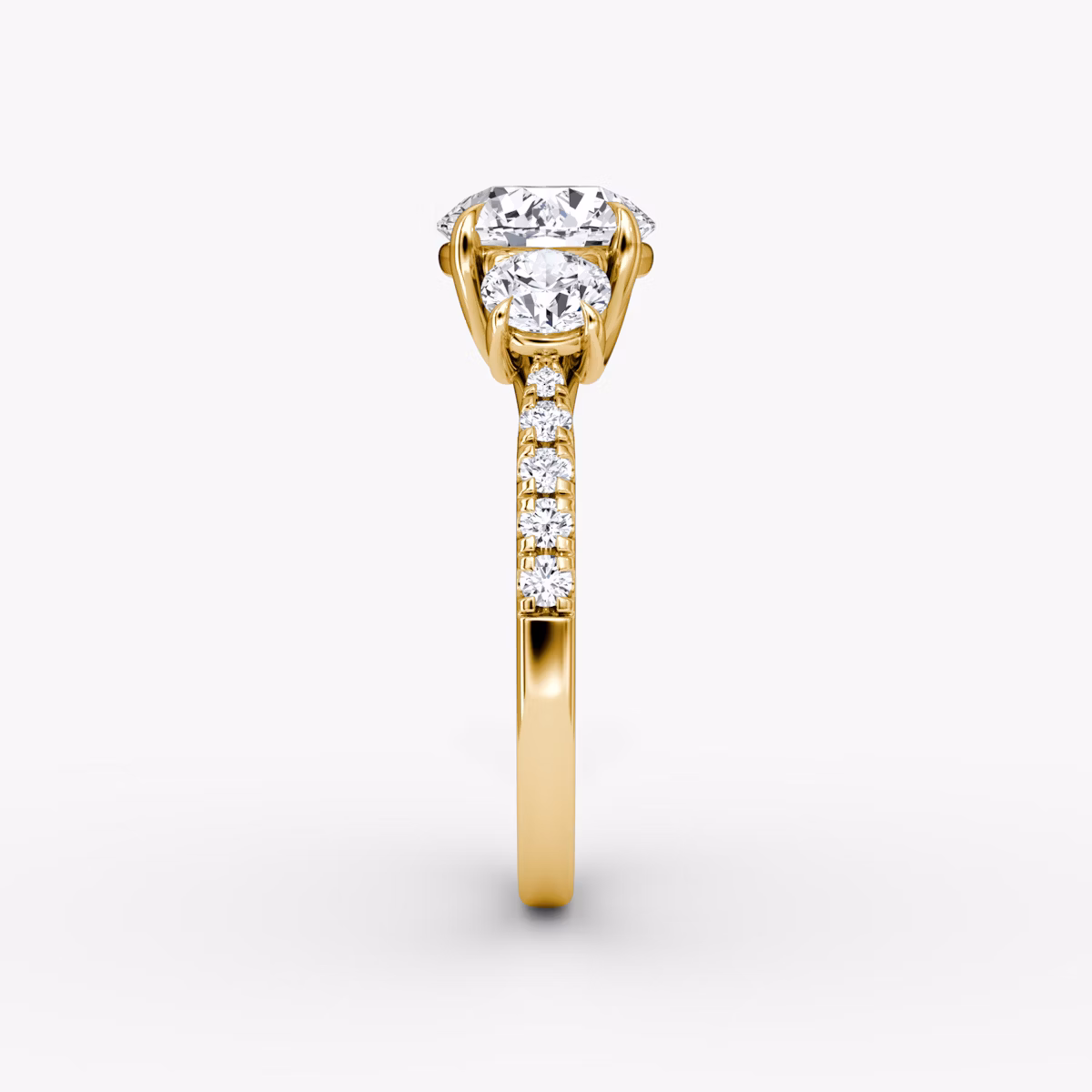 The Trellis Three Stone | Round Brilliant | 18k | Yellow Gold | bandAccent: Pavé | caratWeight: 2.0ct | diamondOrientation: vertical