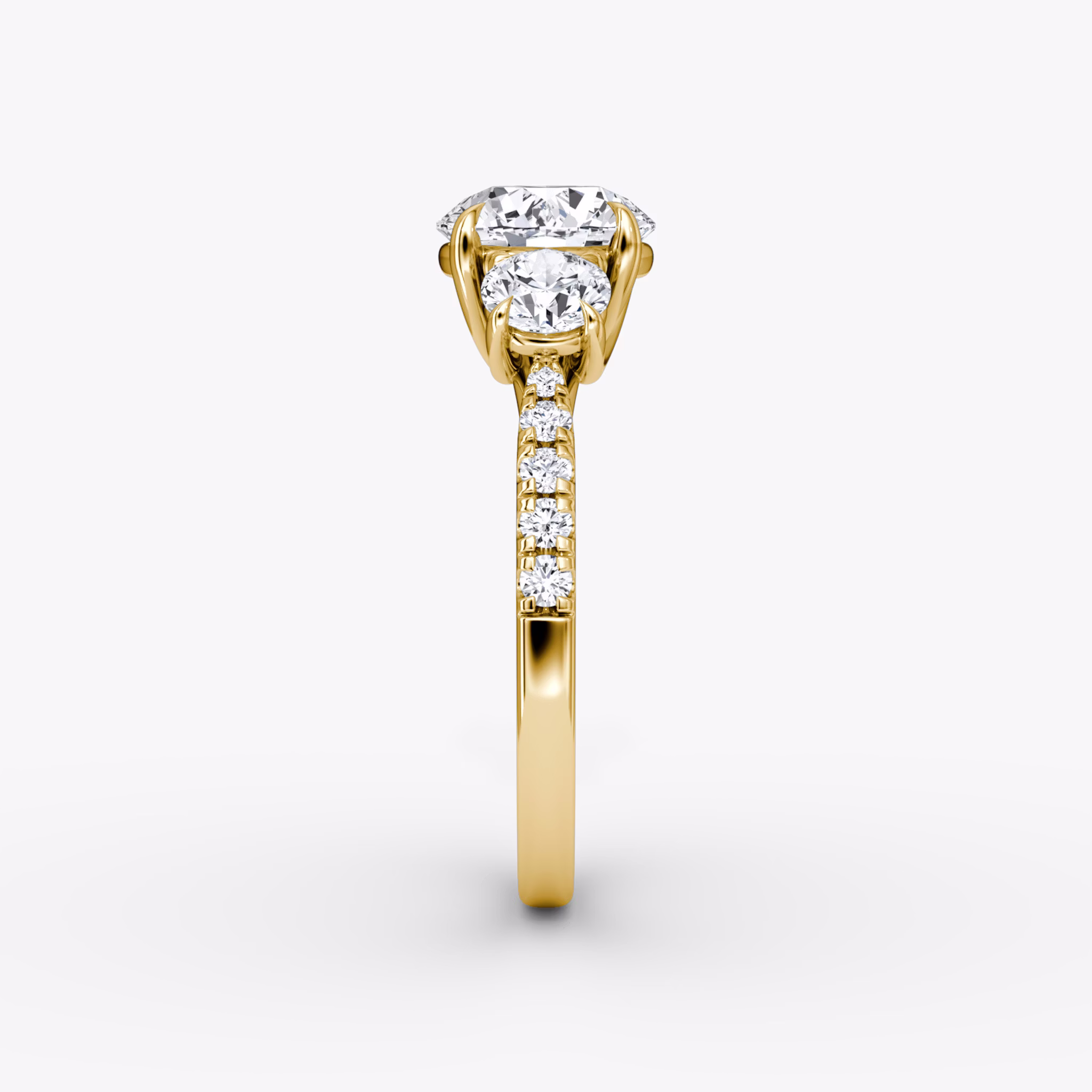 The Trellis Three Stone | Round Brilliant | 18k | Yellow Gold | bandAccent: Pavé | caratWeight: 2.0ct | diamondOrientation: vertical