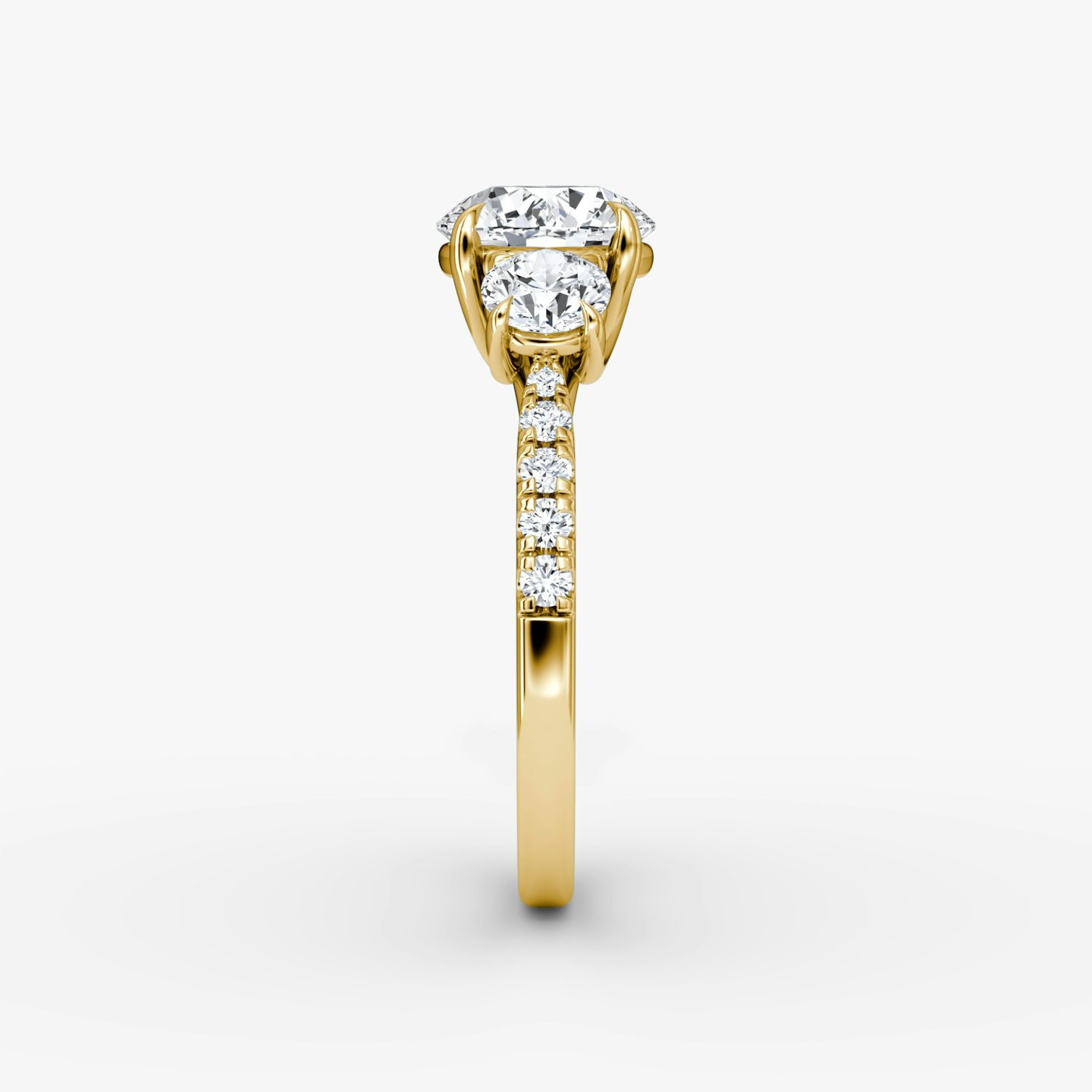 The Trellis Three Stone | Round Brilliant | 18k | Yellow Gold | bandAccent: Pavé | caratWeight: 1.5ct | diamondOrientation: vertical