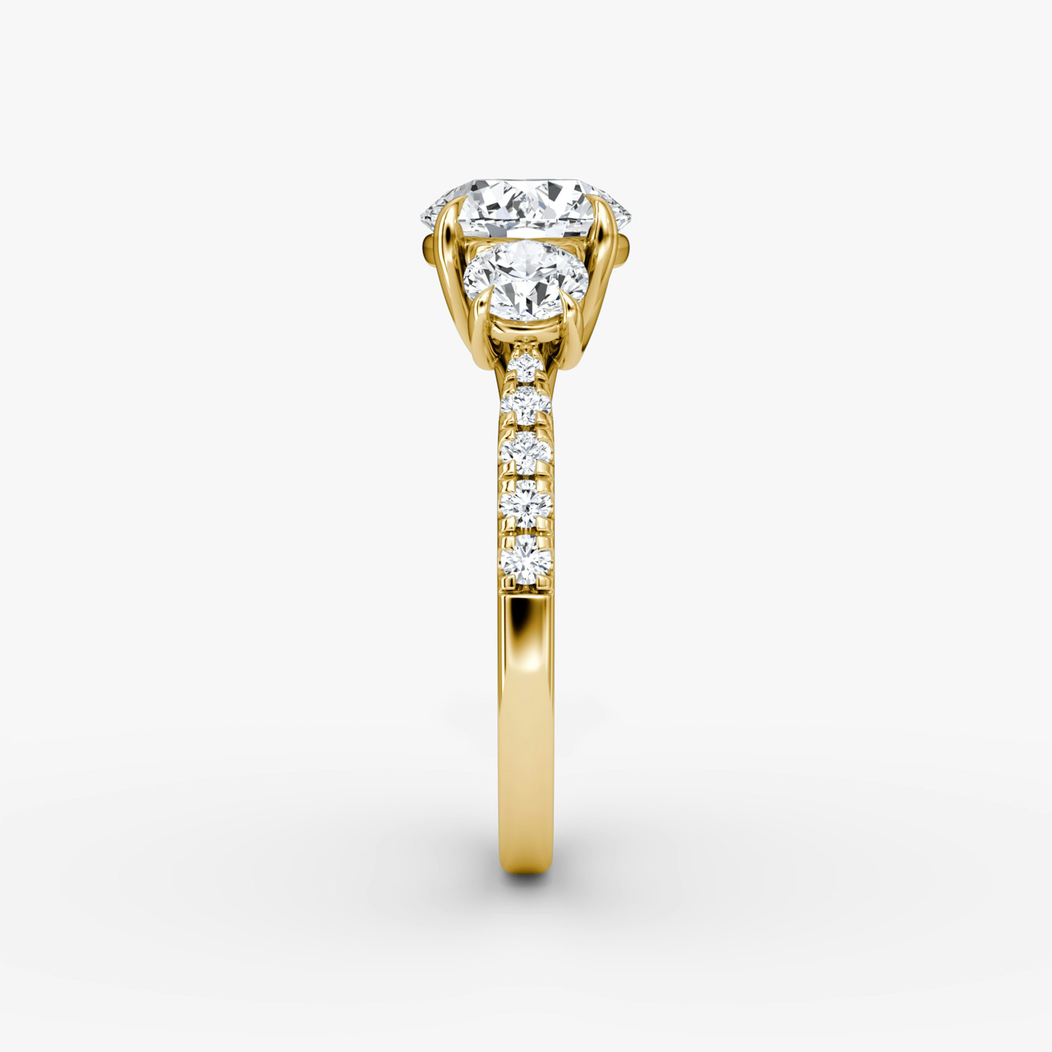The Trellis Three Stone | Round Brilliant | 18k | Yellow Gold | bandAccent: Pavé | caratWeight: 2.0ct | diamondOrientation: vertical
