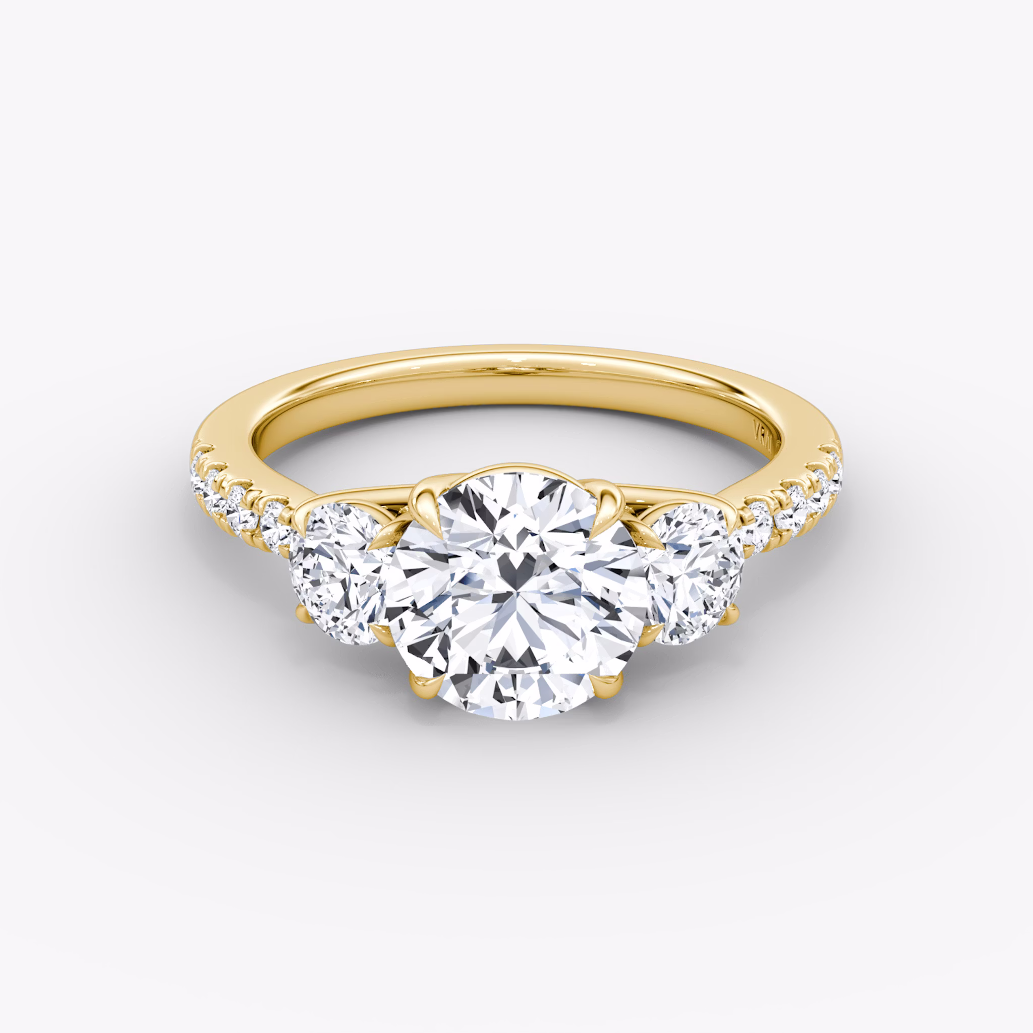 The Trellis Three Stone | Round Brilliant | 18k | Yellow Gold | bandAccent: Pavé | caratWeight: 2.0ct | diamondOrientation: vertical