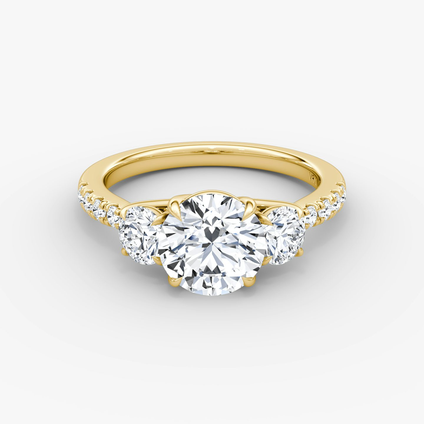 The Trellis Three Stone | Round Brilliant | 18k | Yellow Gold | bandAccent: Pavé | caratWeight: 1.5ct | diamondOrientation: vertical