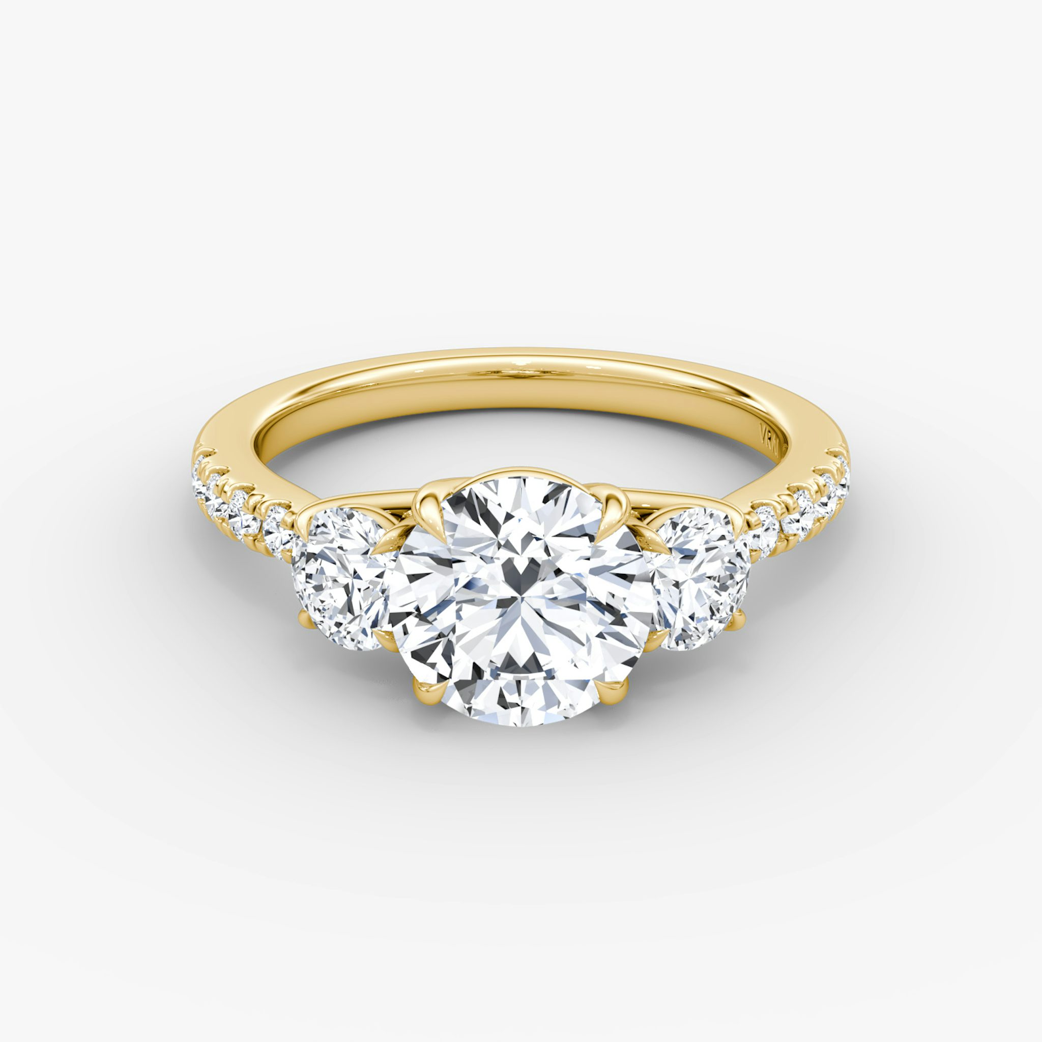 The Trellis Three Stone | Round Brilliant | 18k | Yellow Gold | bandAccent: Pavé | caratWeight: 2.0ct | diamondOrientation: vertical