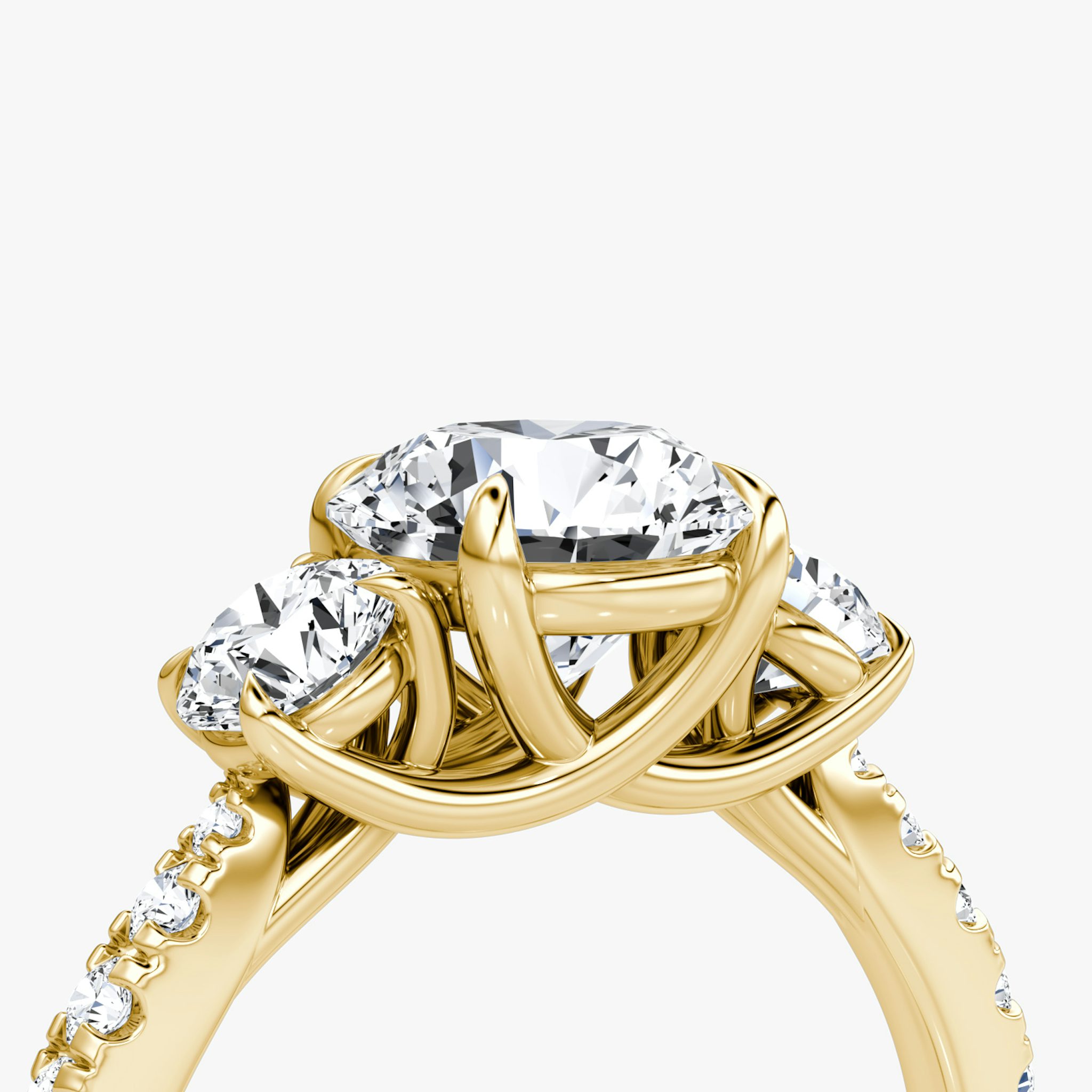 The Trellis Three Stone | Round Brilliant | 18k | Yellow Gold | bandAccent: Pavé | caratWeight: 2.0ct | diamondOrientation: vertical