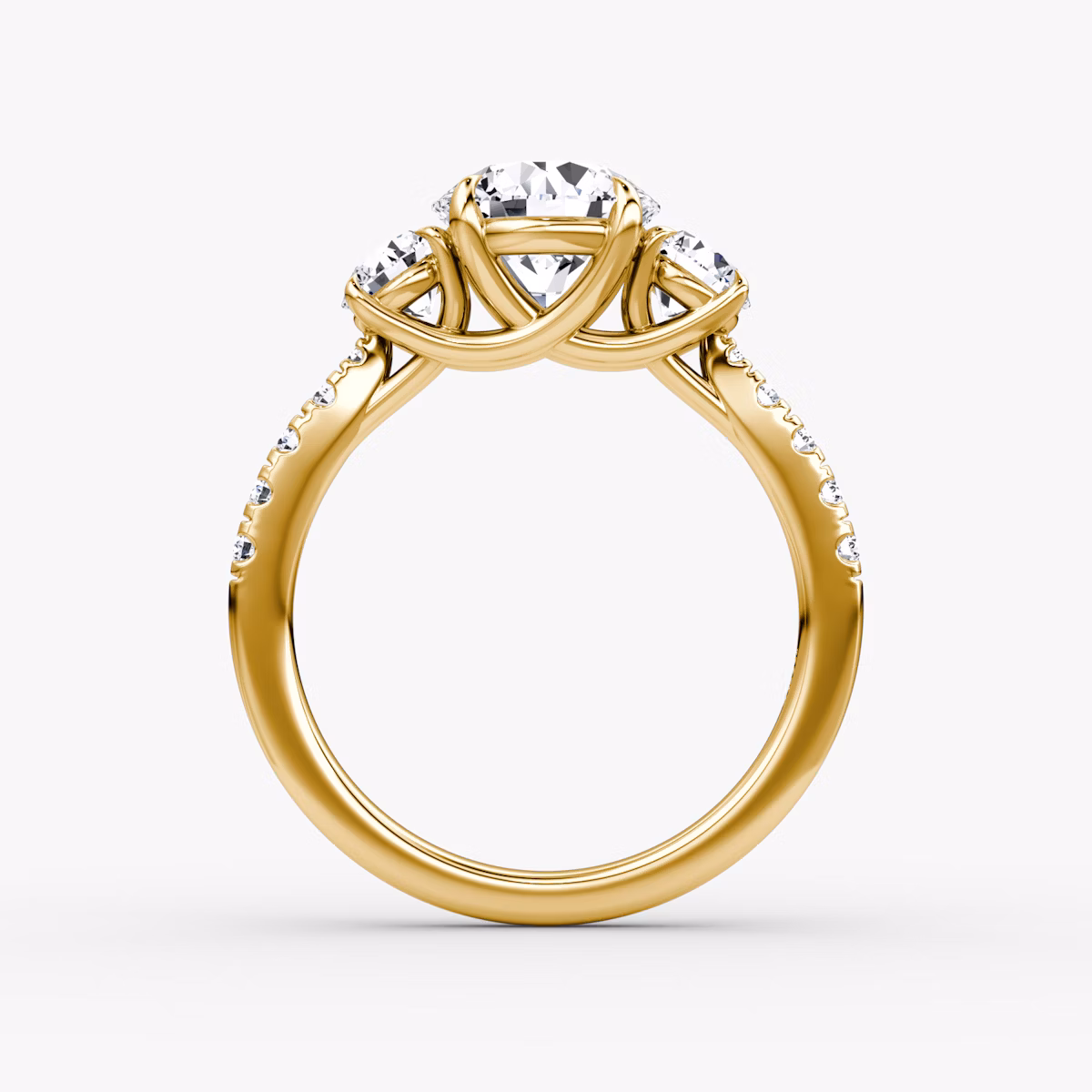 The Trellis Three Stone | Round Brilliant | 18k | Yellow Gold | bandAccent: Pavé | caratWeight: 2.0ct | diamondOrientation: vertical