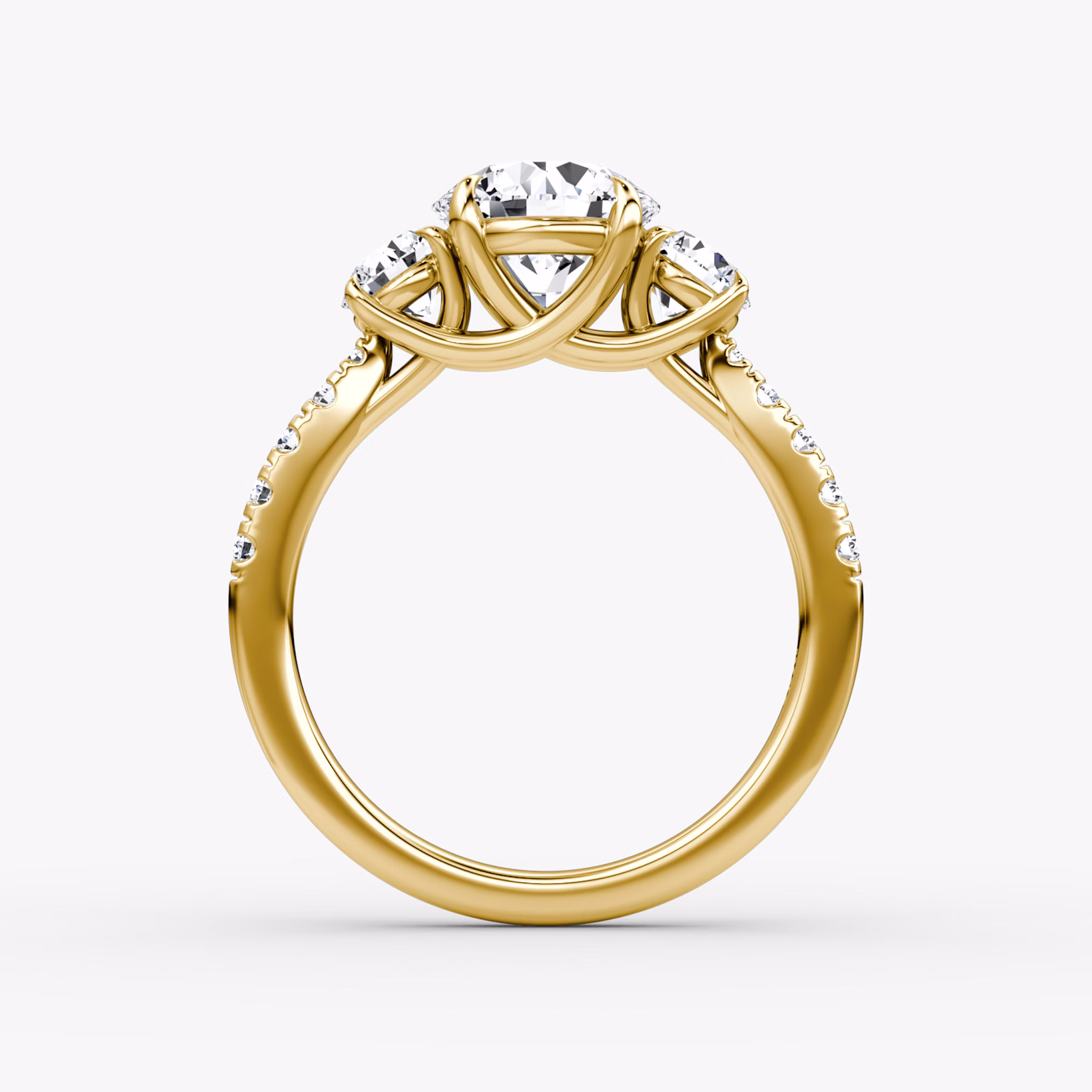 The Trellis Three Stone | Round Brilliant | 18k | Yellow Gold | bandAccent: Pavé | caratWeight: 2.0ct | diamondOrientation: vertical