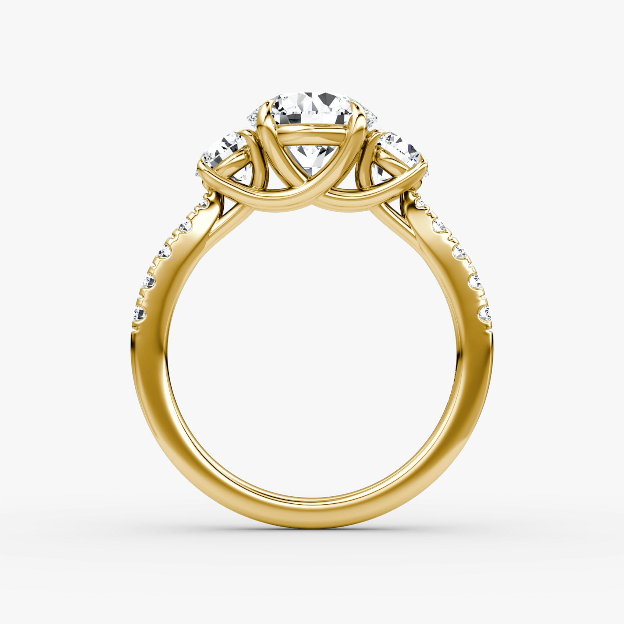 The Trellis Three Stone | Round Brilliant | 18k | Yellow Gold | bandAccent: Pavé | caratWeight: 2.0ct | diamondOrientation: vertical