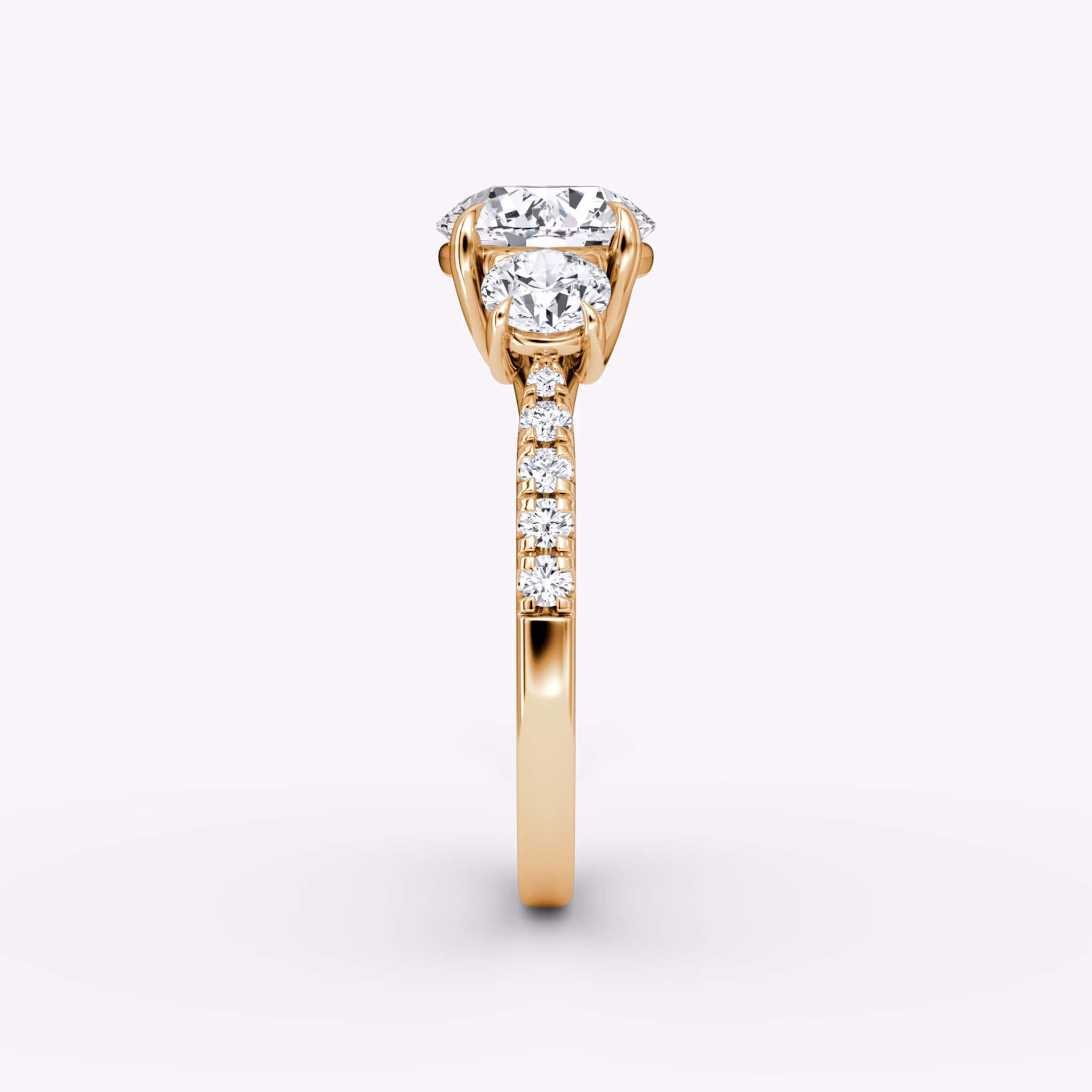 The Trellis Three Stone | Round Brilliant | 14k | Rose Gold | bandAccent: Pavé | caratWeight: other | diamondOrientation: vertical