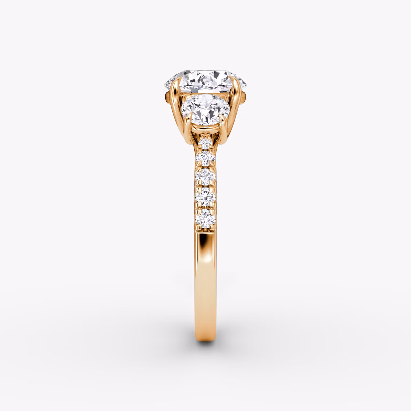 The Trellis Three Stone | Round Brilliant | 14k | Rose Gold | bandAccent: Pavé | caratWeight: 1.0ct | diamondOrientation: vertical