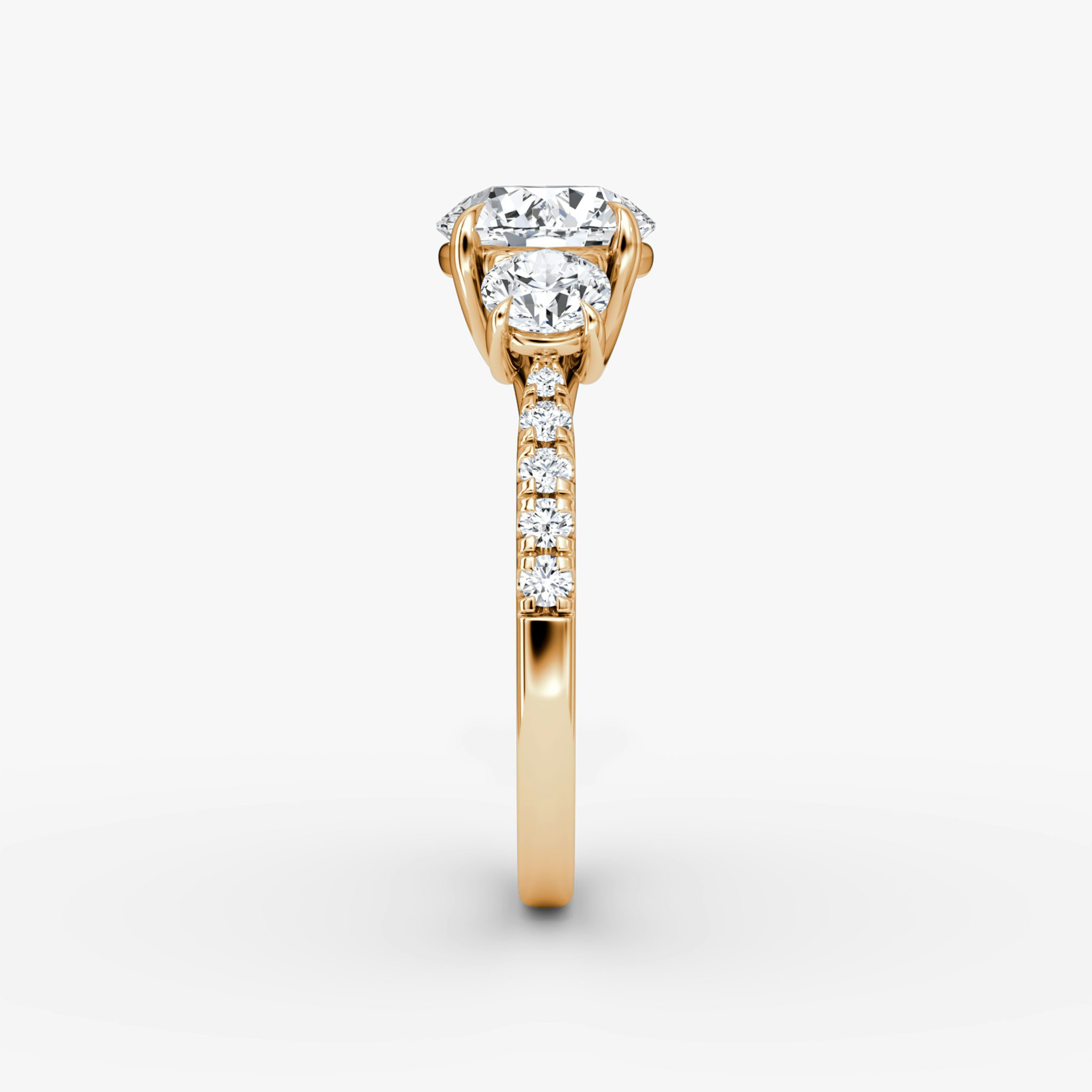 The Trellis Three Stone | Round Brilliant | 14k | Rose Gold | bandAccent: Pavé | caratWeight: other | diamondOrientation: vertical