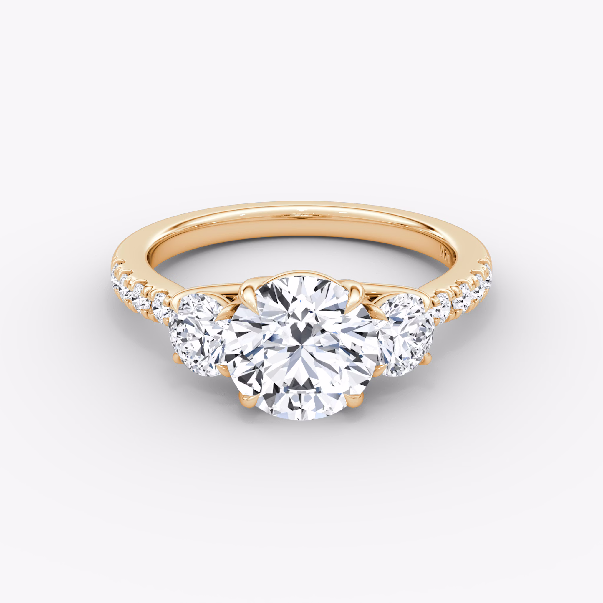 The Trellis Three Stone | Round Brilliant | 14k | Rose Gold | bandAccent: Pavé | caratWeight: other | diamondOrientation: vertical