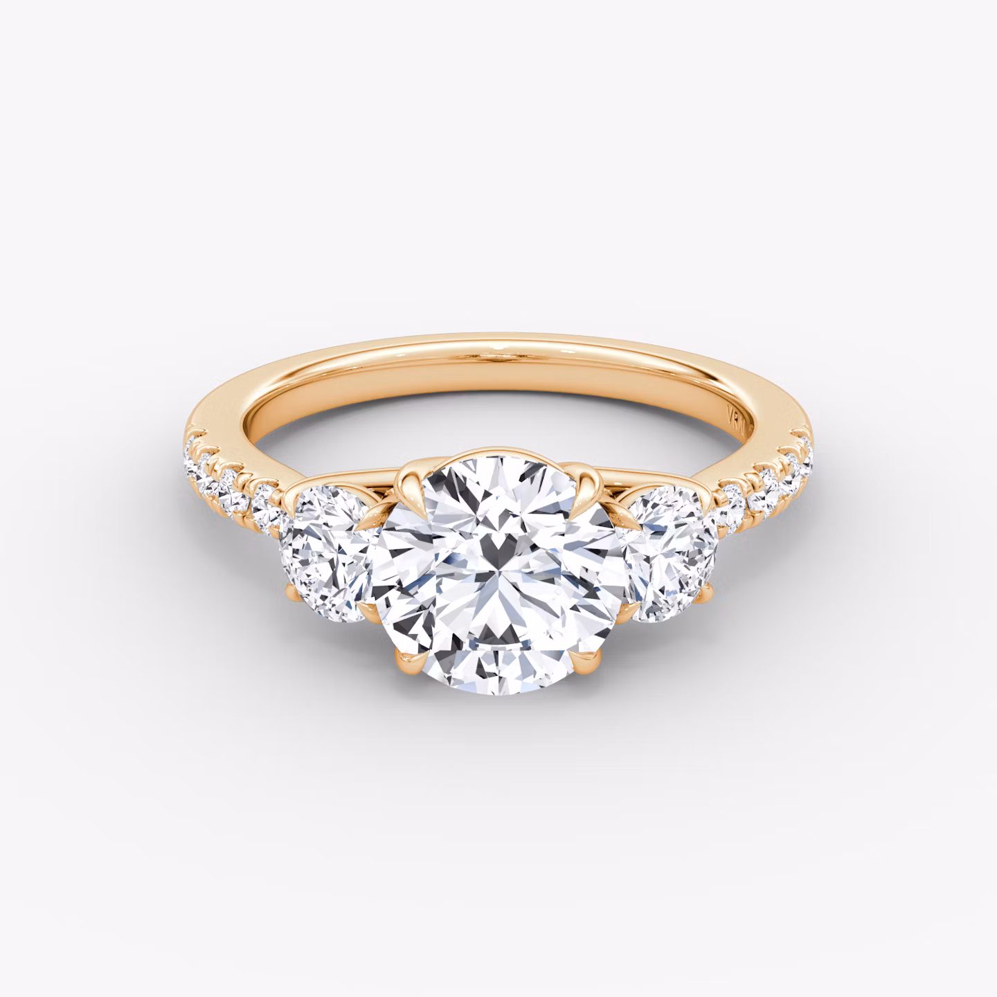 The Trellis Three Stone | Round Brilliant | 14k | Rose Gold | bandAccent: Pavé | caratWeight: 1.0ct | diamondOrientation: vertical