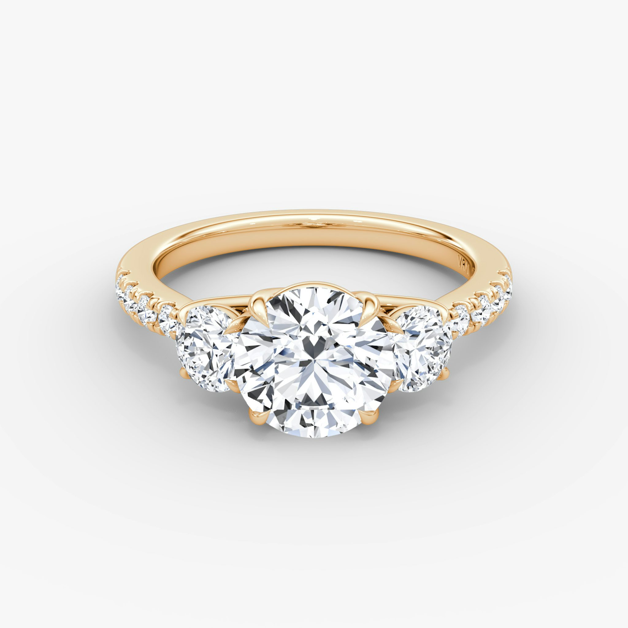 The Trellis Three Stone | Round Brilliant | 14k | Rose Gold | bandAccent: Pavé | caratWeight: other | diamondOrientation: vertical