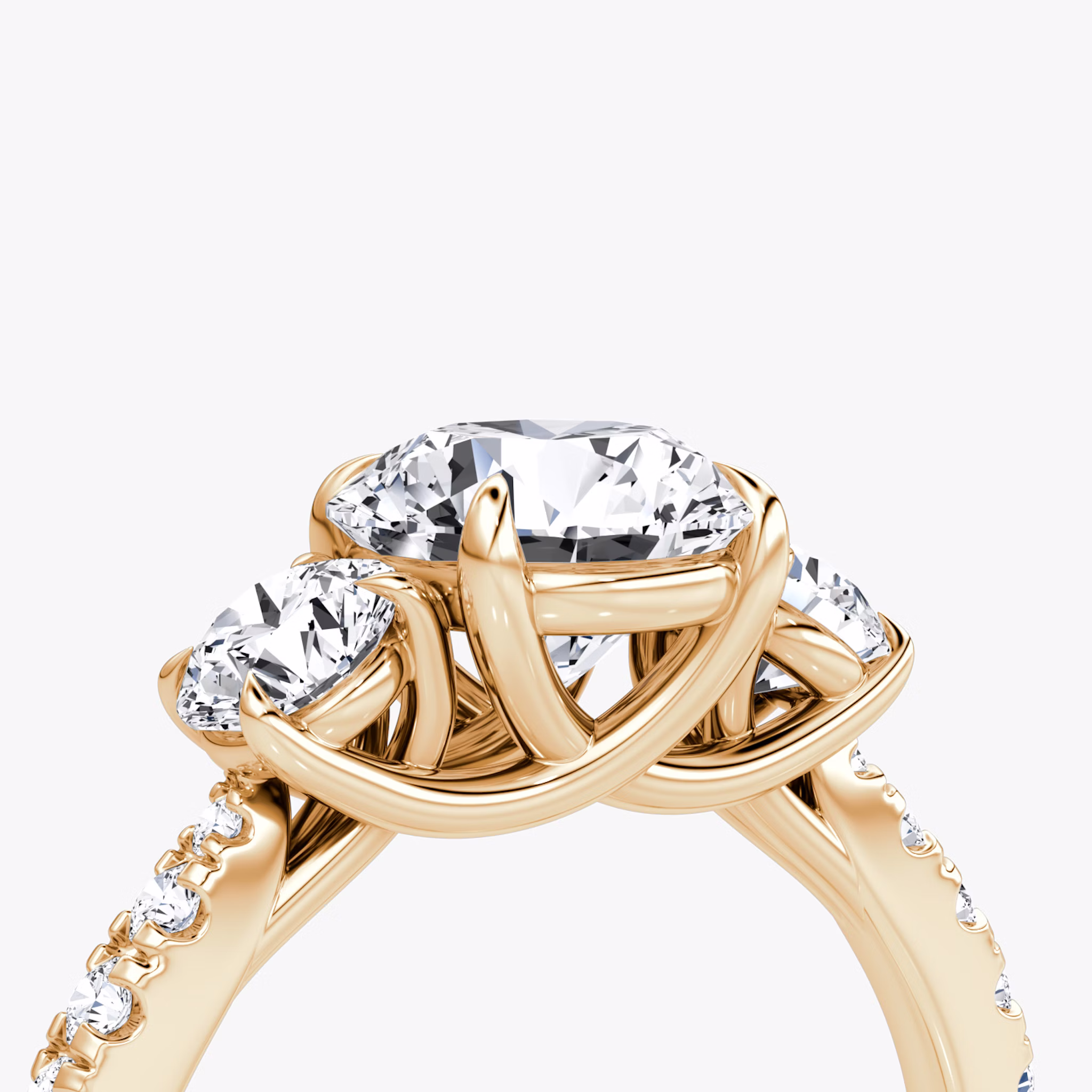 The Trellis Three Stone | Round Brilliant | 14k | Rose Gold | bandAccent: Pavé | caratWeight: other | diamondOrientation: vertical