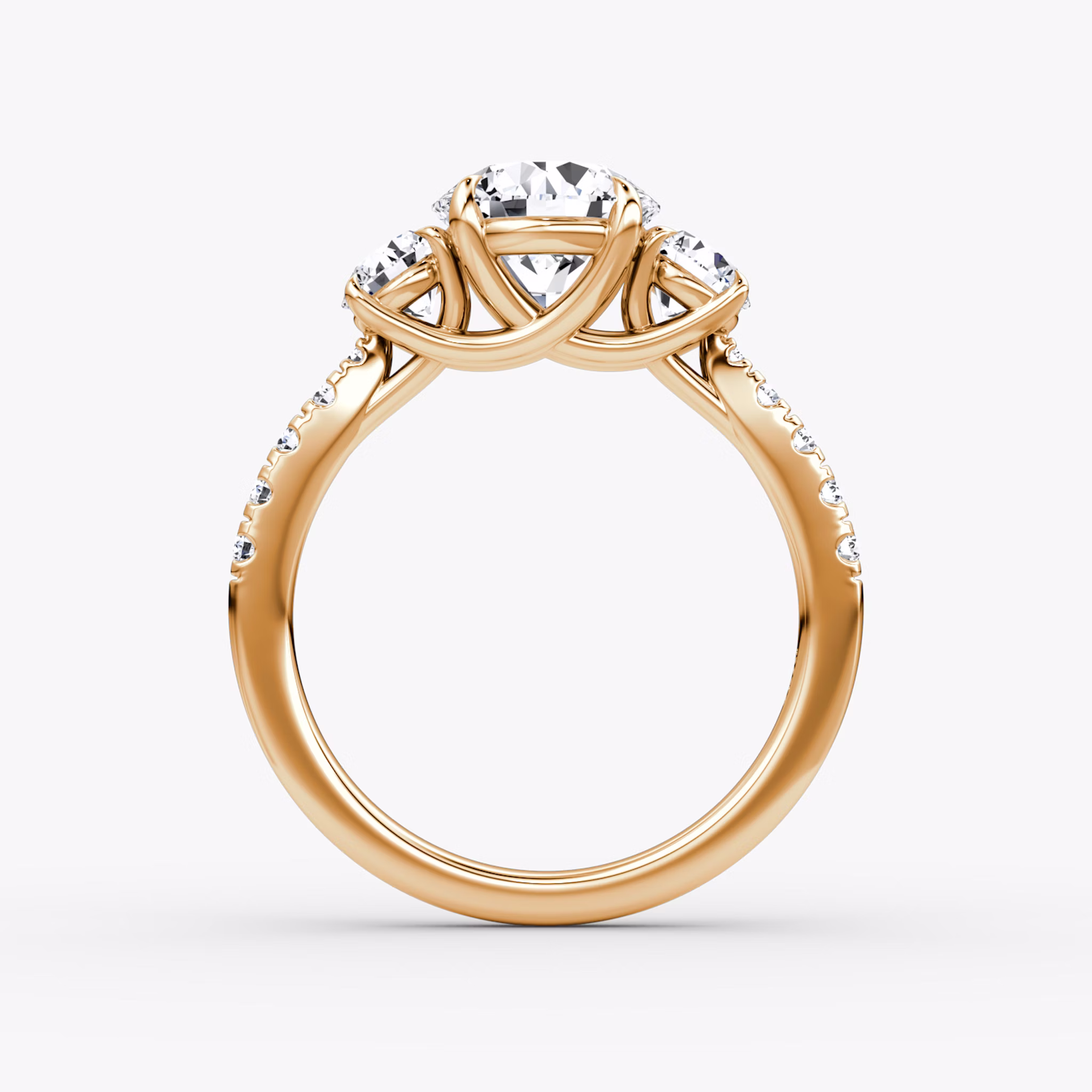 The Trellis Three Stone | Round Brilliant | 14k | Rose Gold | bandAccent: Pavé | caratWeight: other | diamondOrientation: vertical