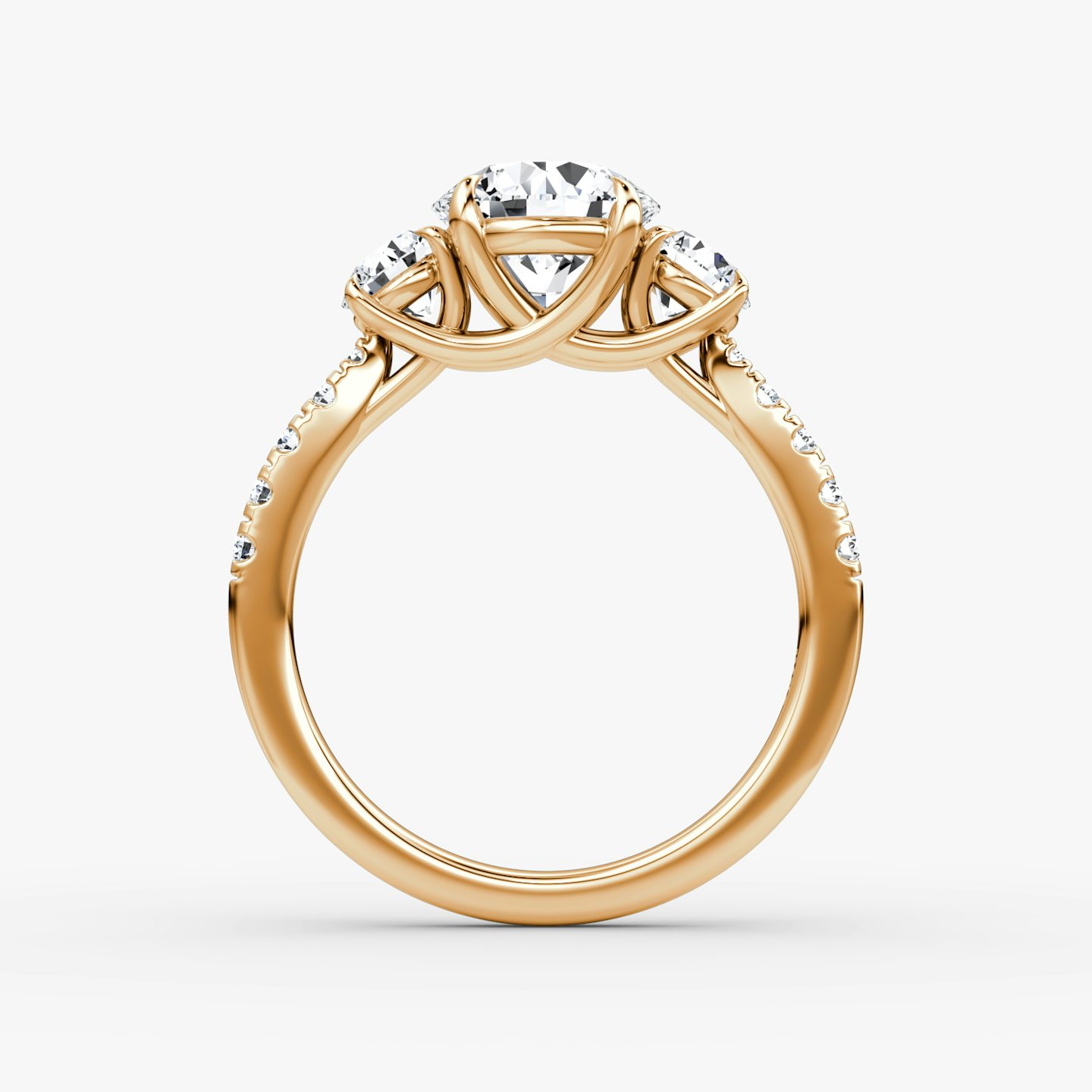 The Trellis Three Stone | Round Brilliant | 14k | Rose Gold | bandAccent: Pavé | caratWeight: 1.0ct | diamondOrientation: vertical