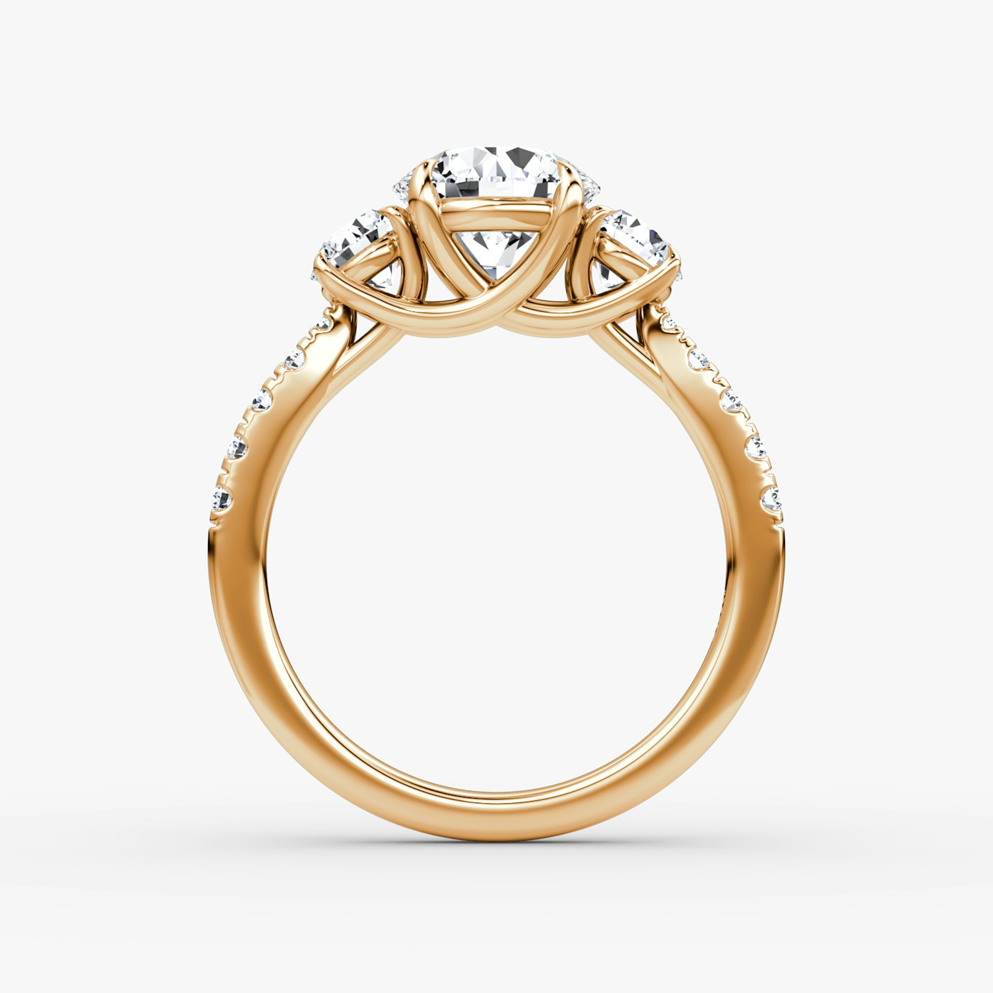 The Trellis Three Stone | Round Brilliant | 14k | Rose Gold | bandAccent: Pavé | caratWeight: other | diamondOrientation: vertical