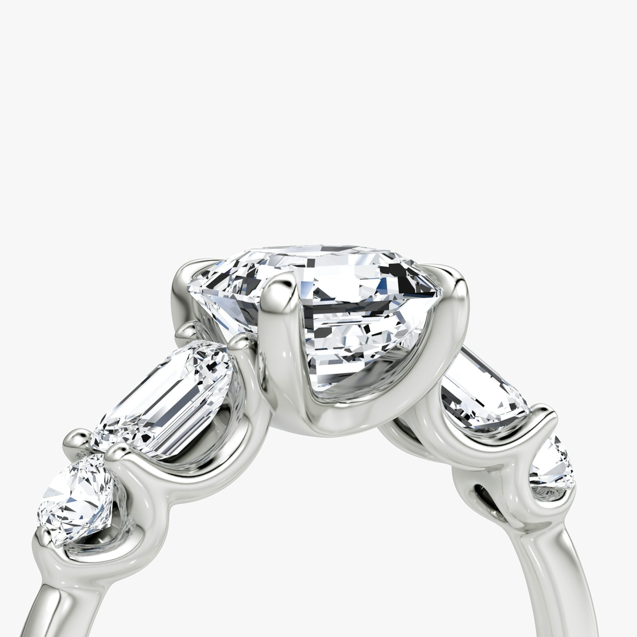 The Mixed Shape | Asscher | 18k | White Gold | bandAccent: Plain | sideStoneOrientation: horizontal | sideStoneShape: Emerald and Round Brilliant | diamondOrientation: vertical | caratWeight: other