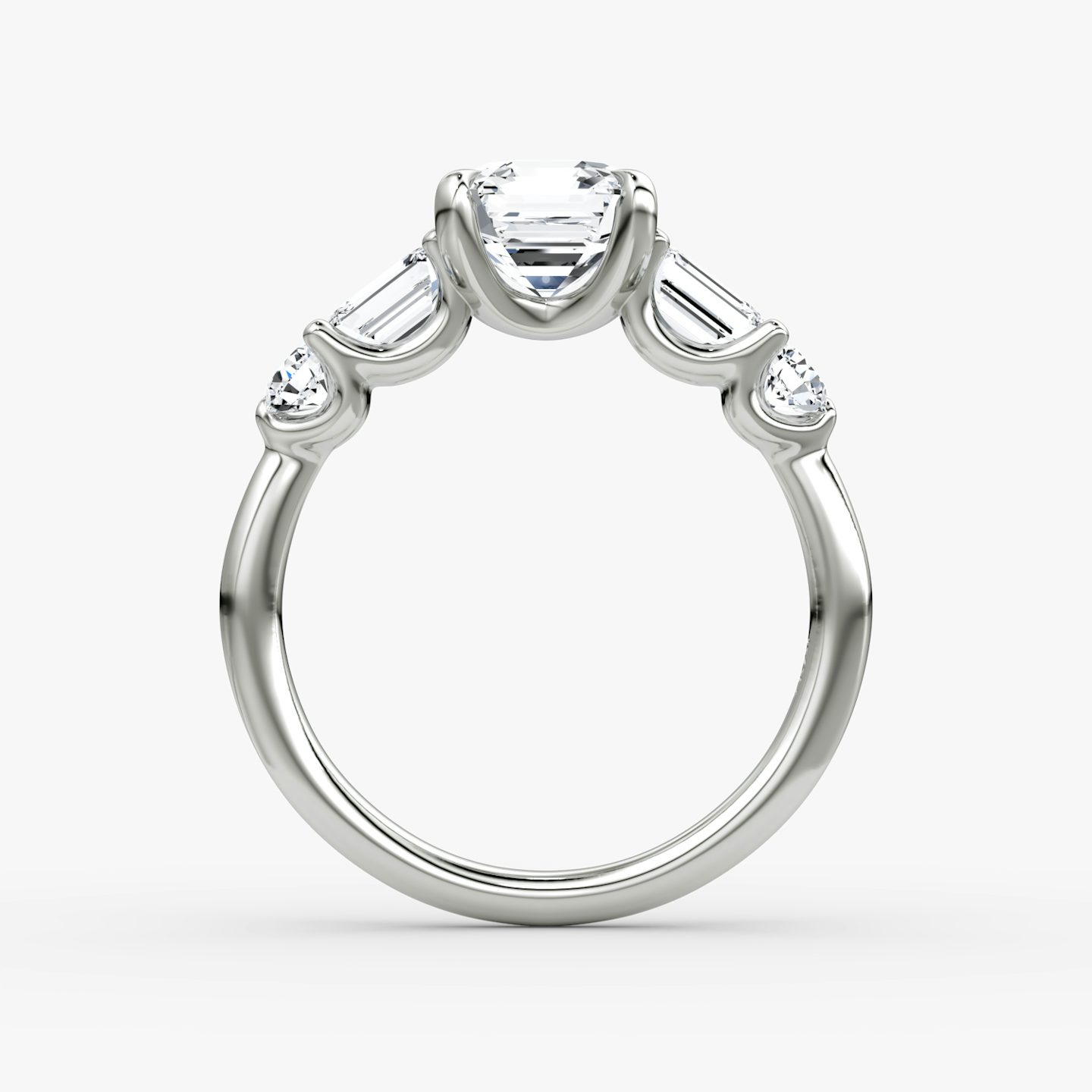 The Mixed Shape | Asscher | 18k | White Gold | bandAccent: Plain | sideStoneOrientation: horizontal | sideStoneShape: Emerald and Round Brilliant | diamondOrientation: vertical | caratWeight: other