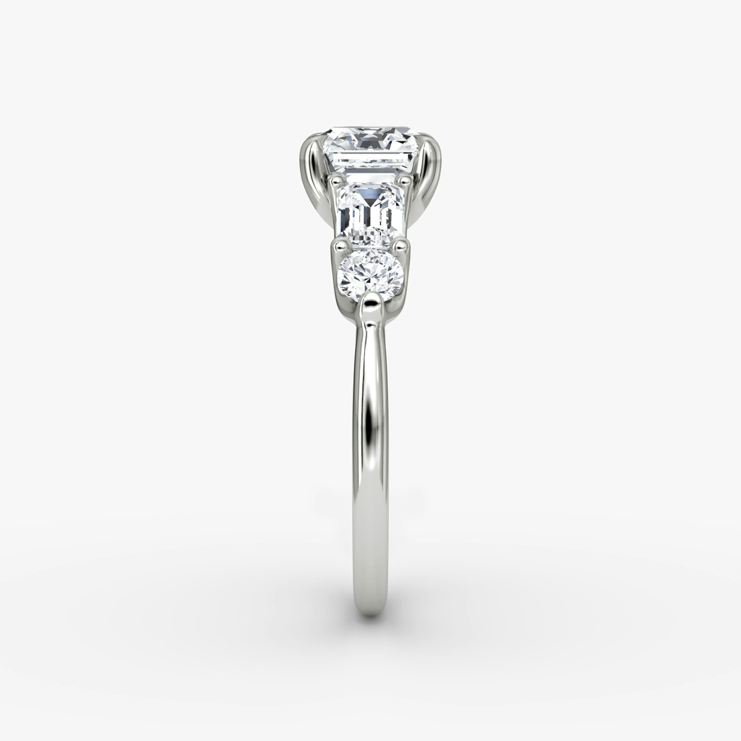 The Mixed Shape | Asscher | 18k | White Gold | bandAccent: Plain | sideStoneOrientation: horizontal | sideStoneShape: Emerald and Round Brilliant | diamondOrientation: vertical | caratWeight: other