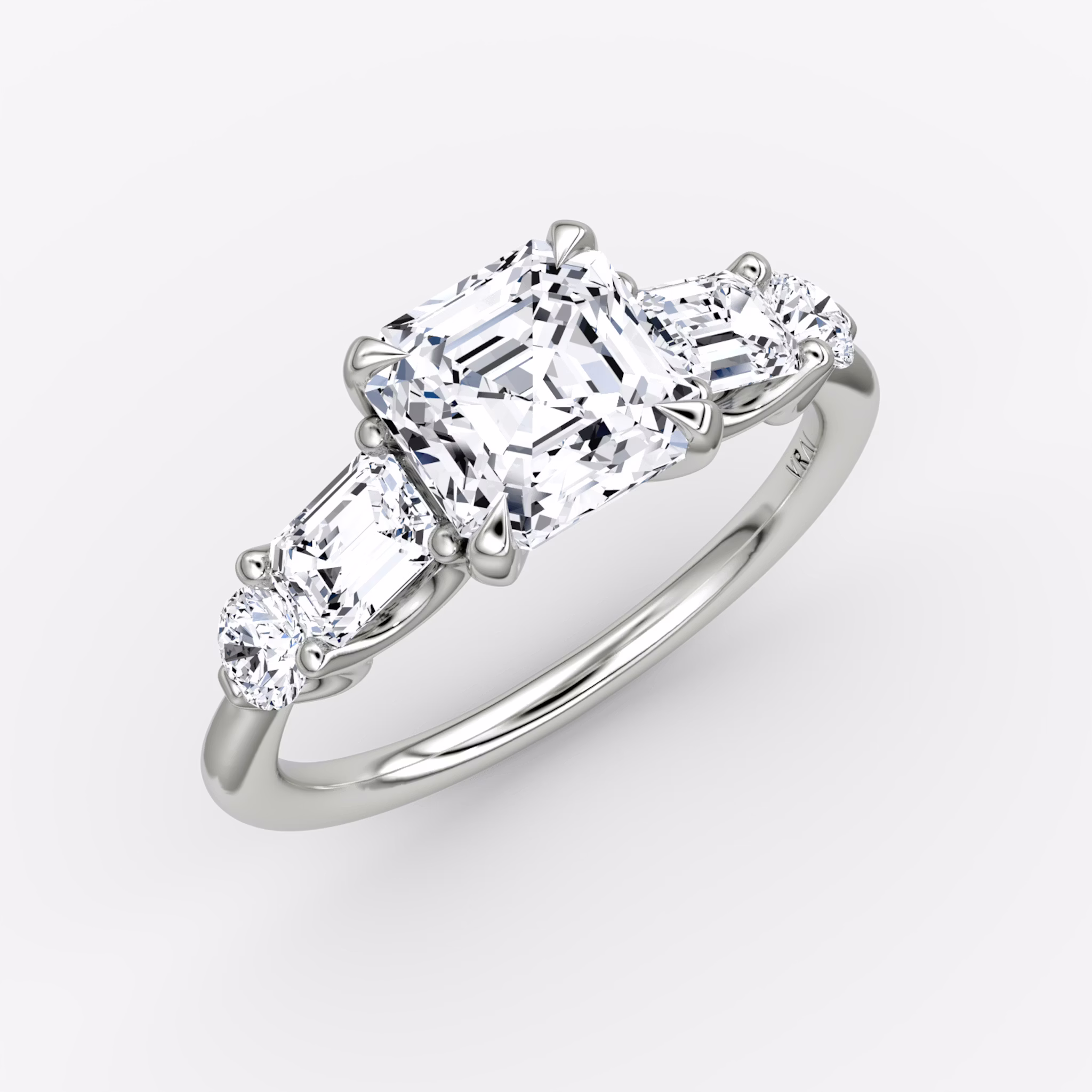 The Mixed Shape | Asscher | 18k | White Gold | bandAccent: Plain | sideStoneOrientation: horizontal | sideStoneShape: Emerald and Round Brilliant | diamondOrientation: vertical | caratWeight: other