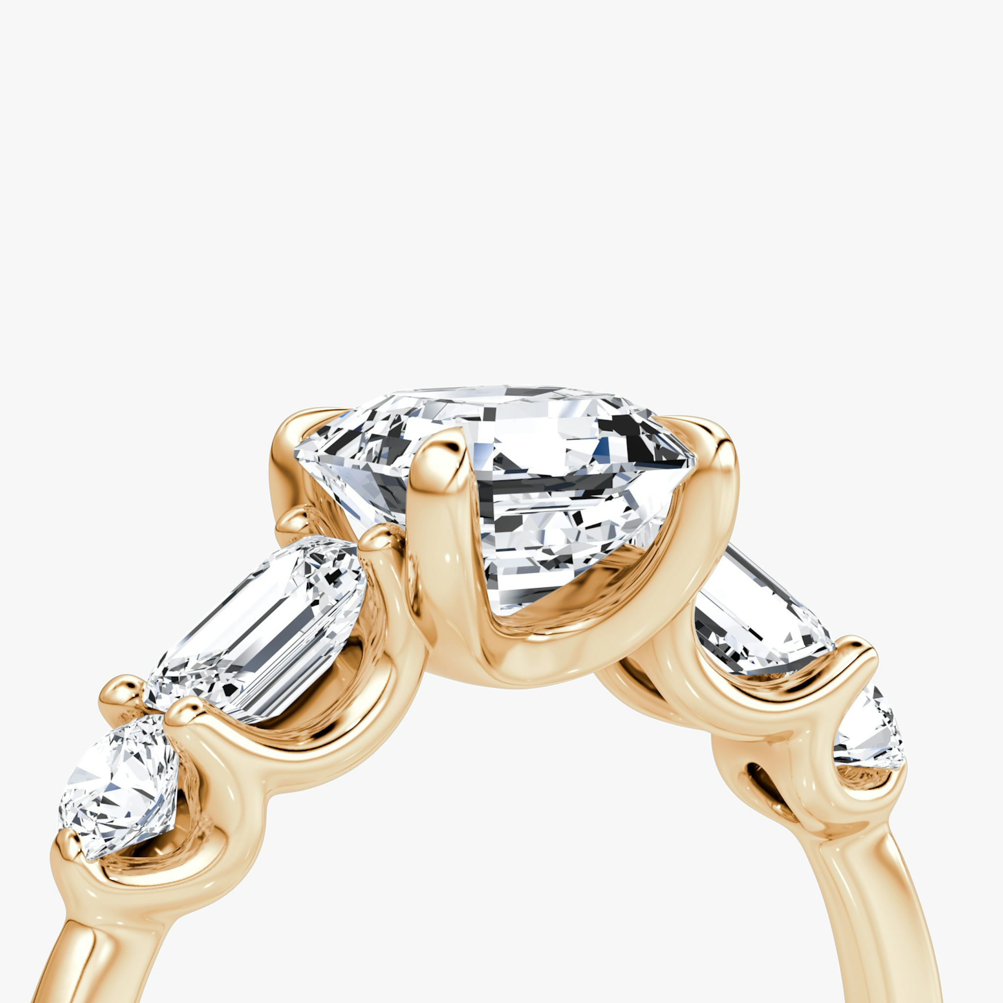 The Mixed Shape | Asscher | 14k | Rose Gold | bandAccent: Plain | sideStoneOrientation: horizontal | sideStoneShape: Emerald and Round Brilliant | diamondOrientation: vertical | caratWeight: other