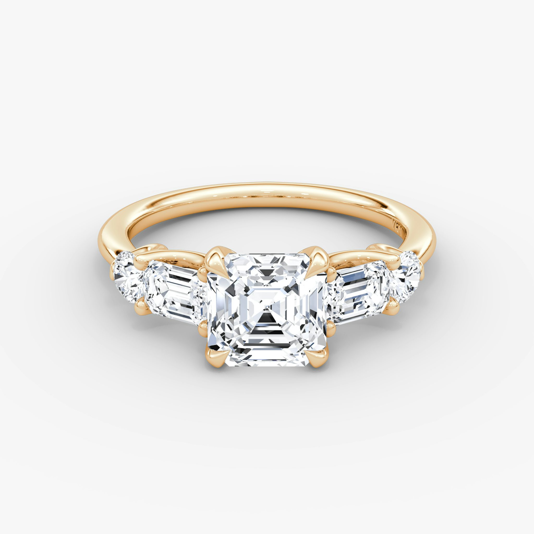 The Mixed Shape | Asscher | 14k | Rose Gold | bandAccent: Plain | sideStoneOrientation: horizontal | sideStoneShape: Emerald and Round Brilliant | diamondOrientation: vertical | caratWeight: other