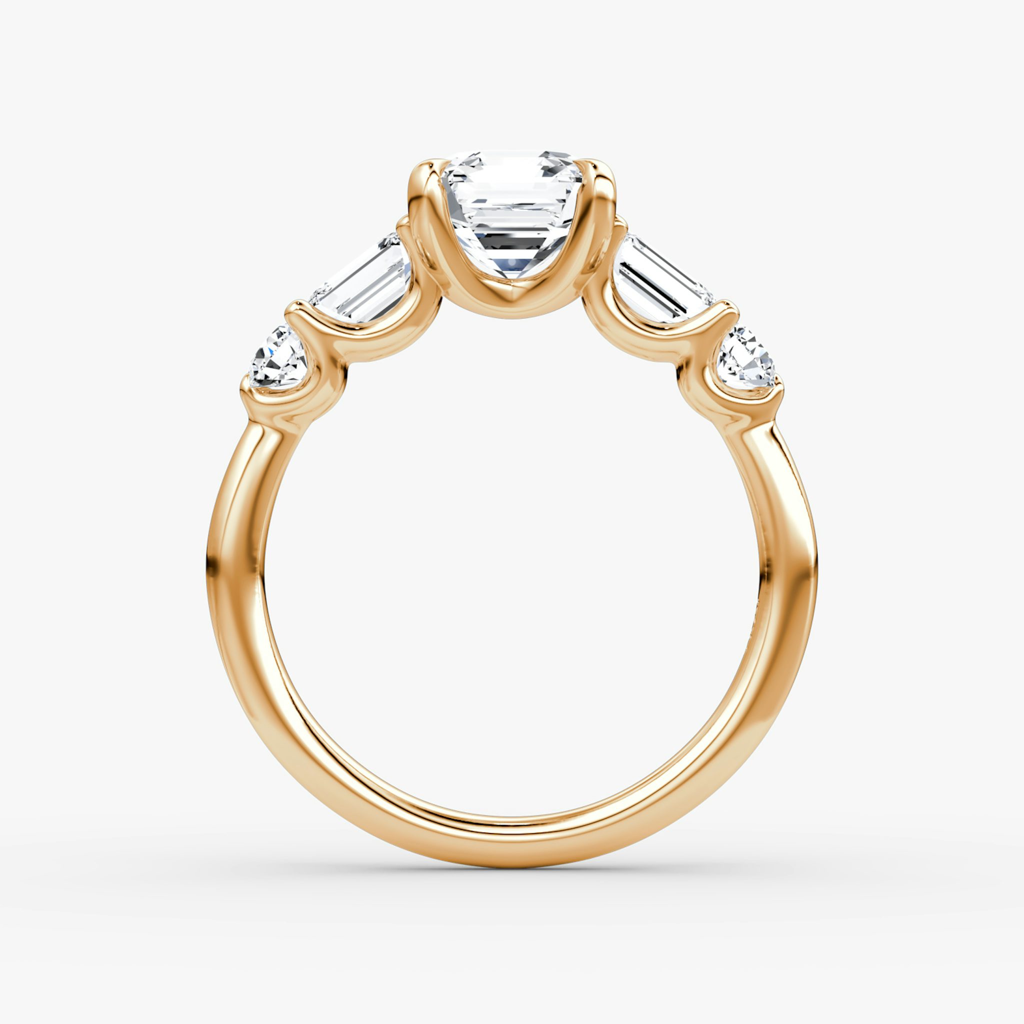 The Mixed Shape | Asscher | 14k | Rose Gold | bandAccent: Plain | sideStoneOrientation: horizontal | sideStoneShape: Emerald and Round Brilliant | diamondOrientation: vertical | caratWeight: other