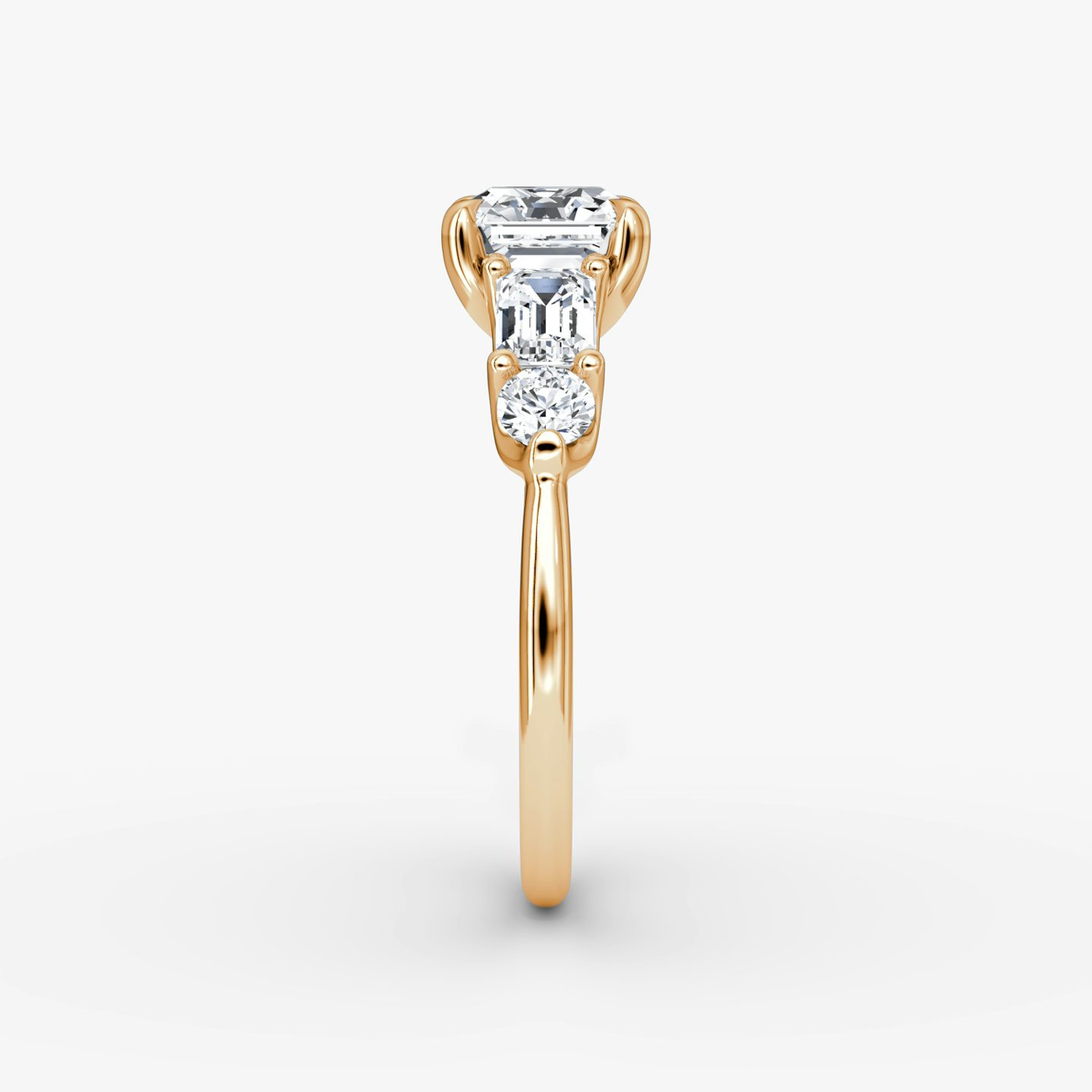 The Mixed Shape | Asscher | 14k | Rose Gold | bandAccent: Plain | sideStoneOrientation: horizontal | sideStoneShape: Emerald and Round Brilliant | diamondOrientation: vertical | caratWeight: other