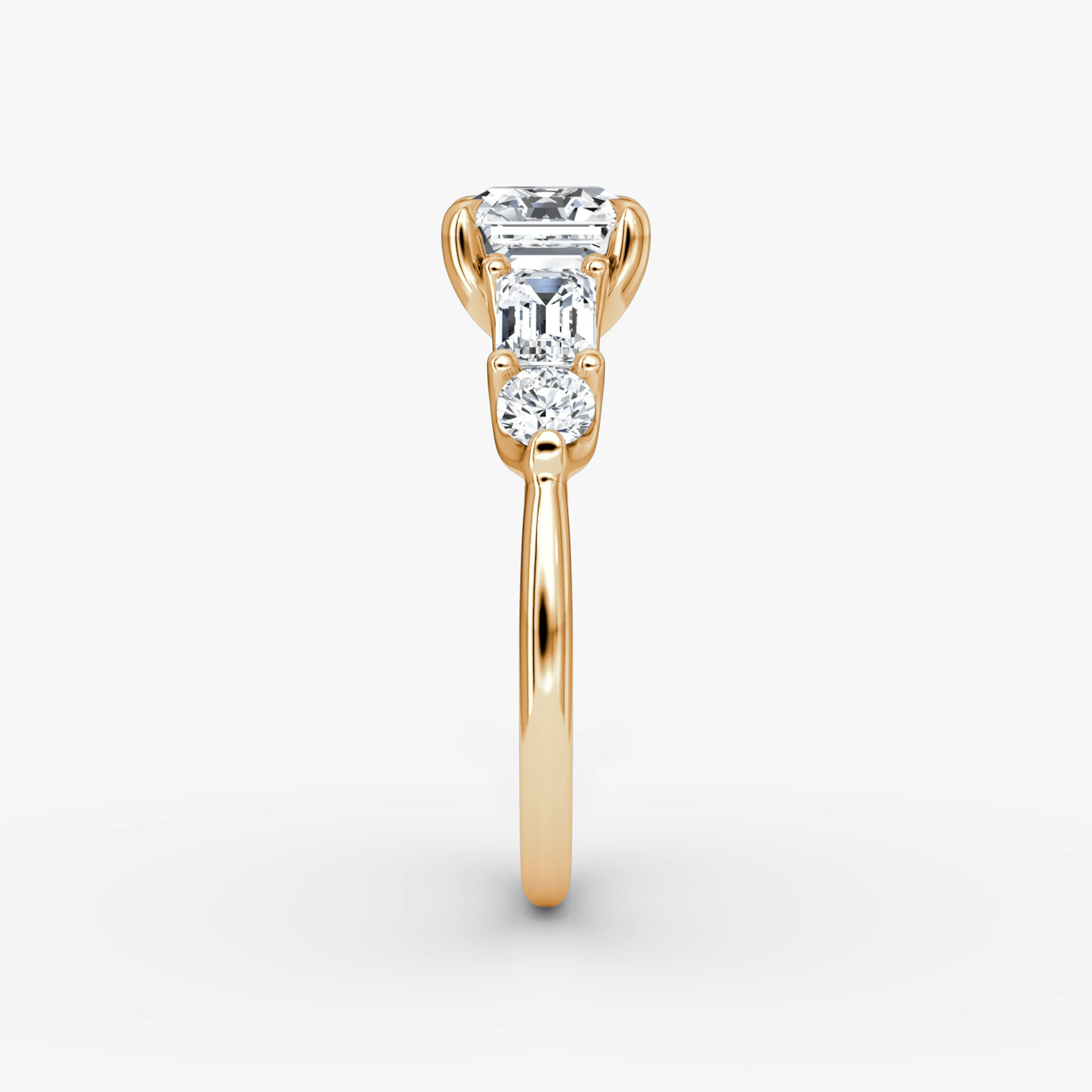The Mixed Shape | Asscher | 14k | Rose Gold | bandAccent: Plain | sideStoneOrientation: horizontal | sideStoneShape: Emerald and Round Brilliant | diamondOrientation: vertical | caratWeight: other