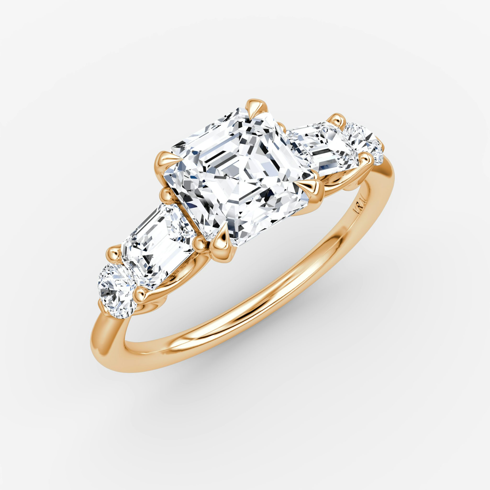 The Mixed Shape | Asscher | 14k | Rose Gold | bandAccent: Plain | sideStoneOrientation: horizontal | sideStoneShape: Emerald and Round Brilliant | diamondOrientation: vertical | caratWeight: other