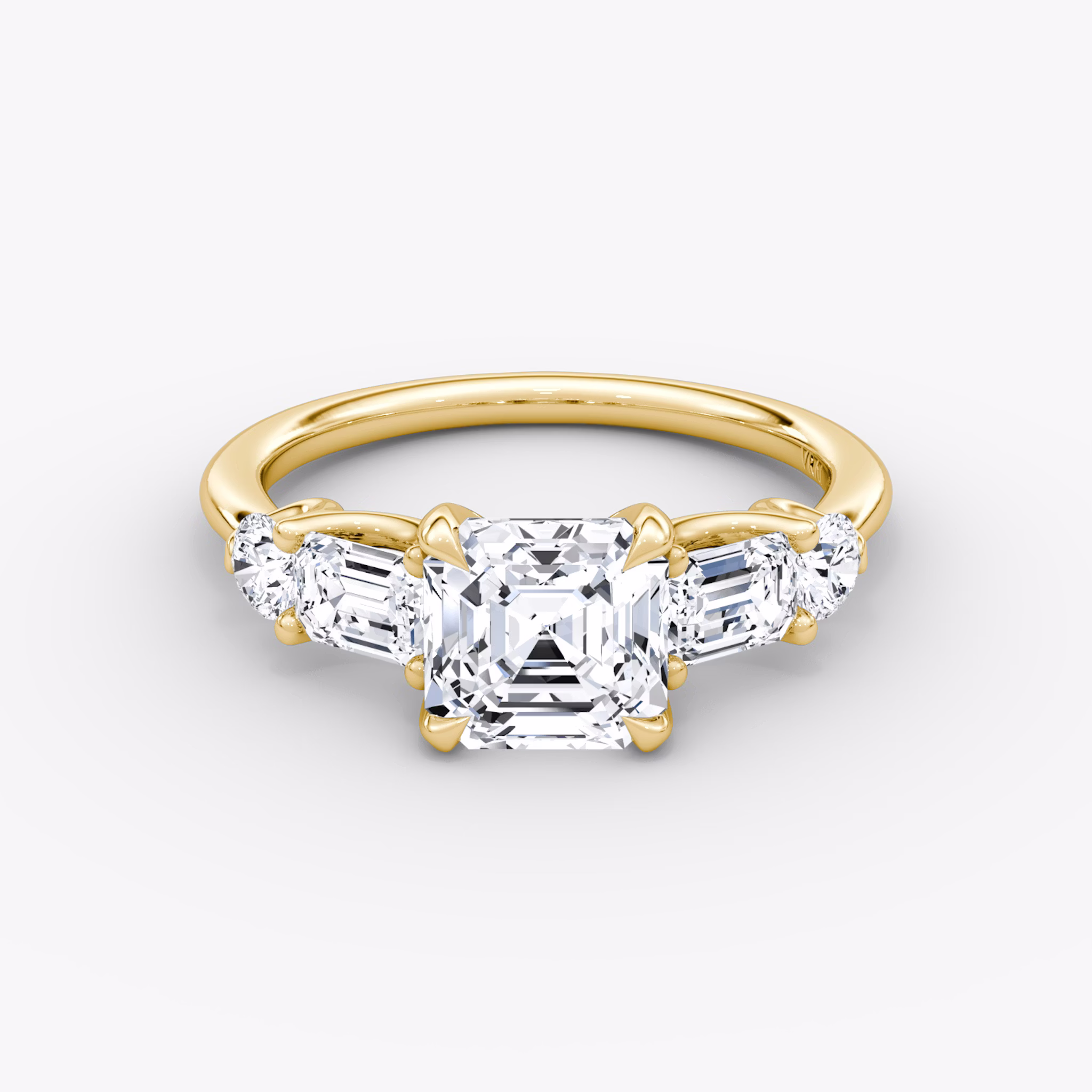The Mixed Shape | Asscher | 18k | Yellow Gold | bandAccent: Plain | sideStoneOrientation: horizontal | sideStoneShape: Emerald and Round Brilliant | diamondOrientation: vertical | caratWeight: other