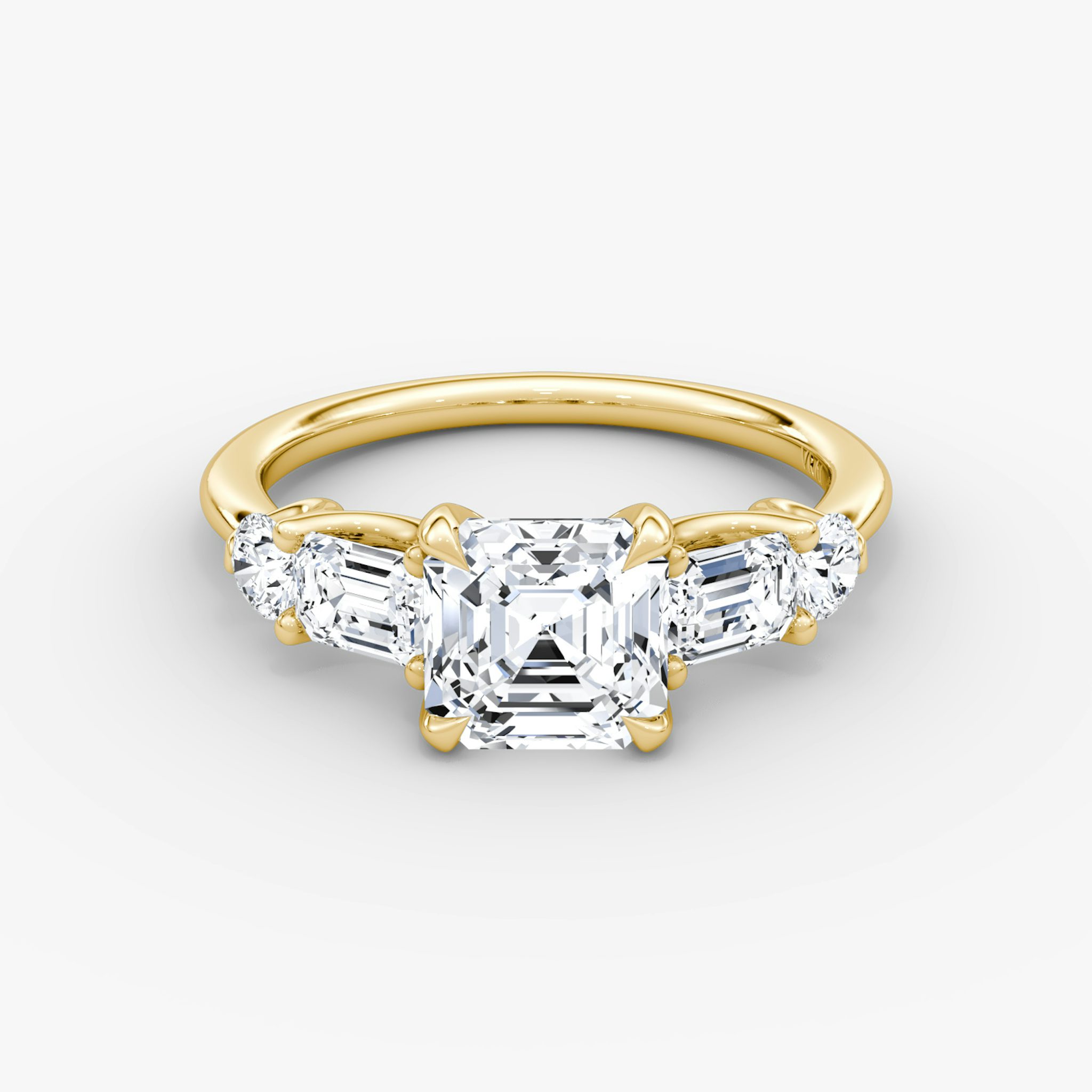 The Mixed Shape | Asscher | 18k | Yellow Gold | bandAccent: Plain | sideStoneOrientation: horizontal | sideStoneShape: Emerald and Round Brilliant | diamondOrientation: vertical | caratWeight: other