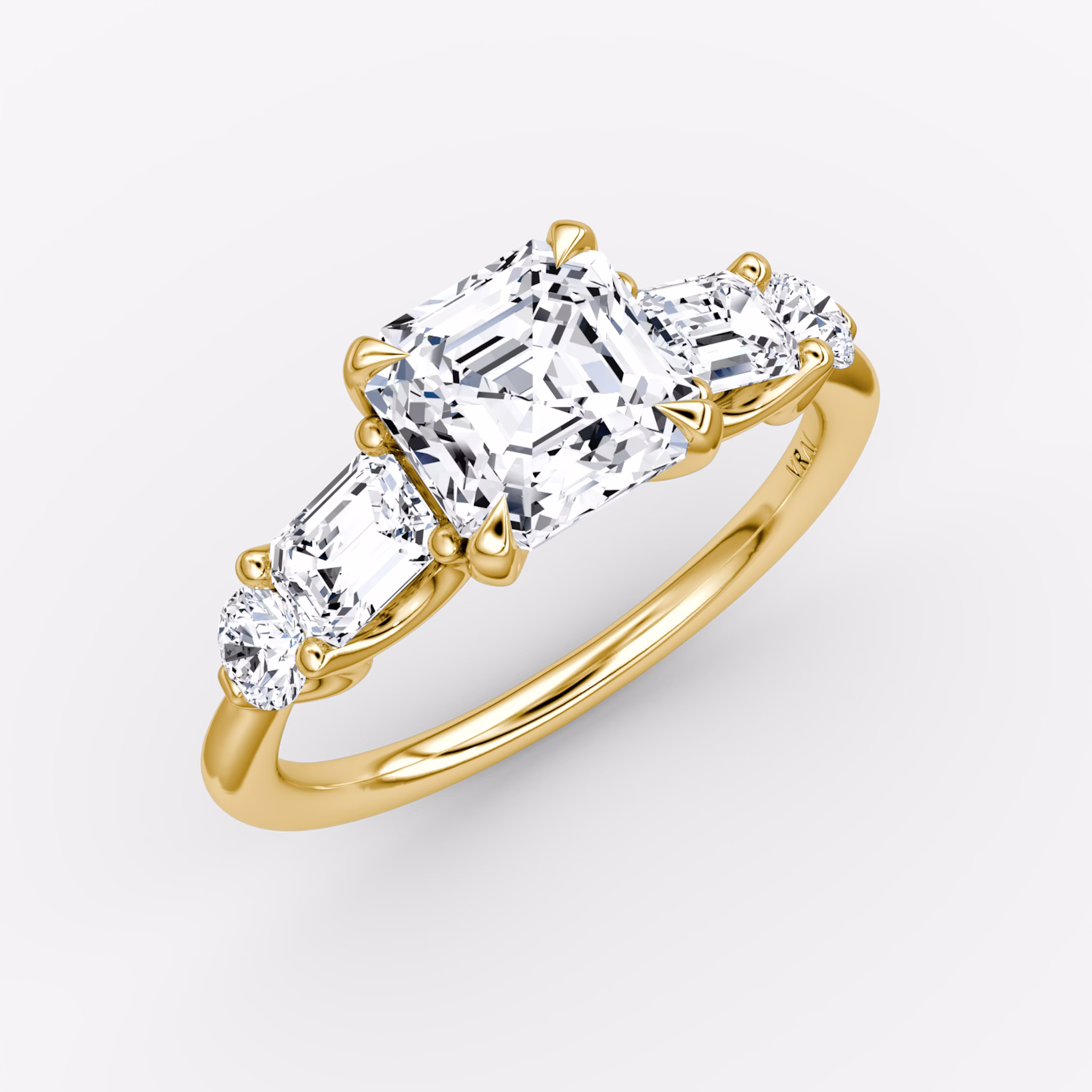 The Mixed Shape | Asscher | 18k | Yellow Gold | bandAccent: Plain | sideStoneOrientation: horizontal | sideStoneShape: Emerald and Round Brilliant | diamondOrientation: vertical | caratWeight: other