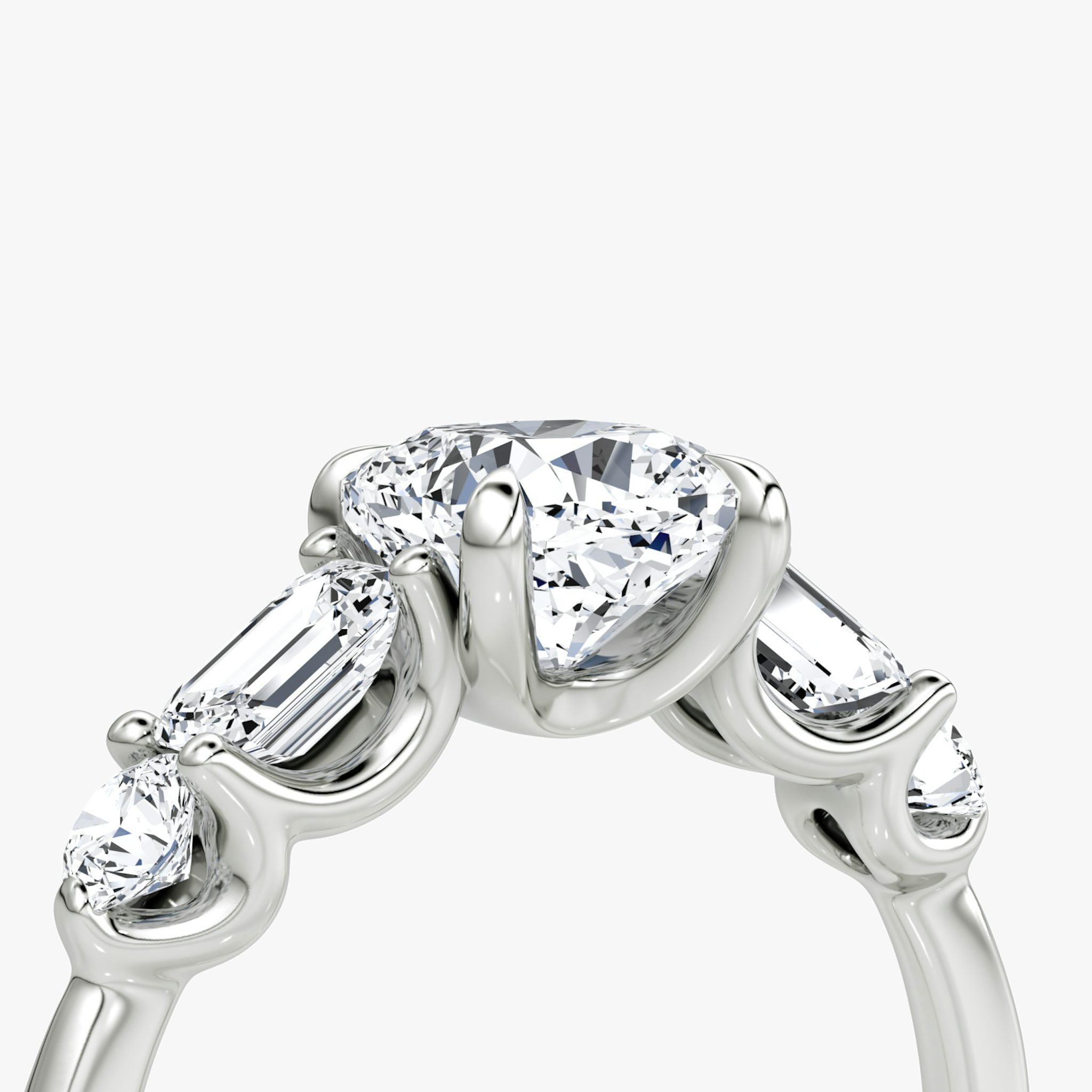 The Mixed Shape | Cushion | 18k | White Gold | bandAccent: Plain | sideStoneOrientation: horizontal | sideStoneShape: Emerald and Round Brilliant | diamondOrientation: vertical | caratWeight: other