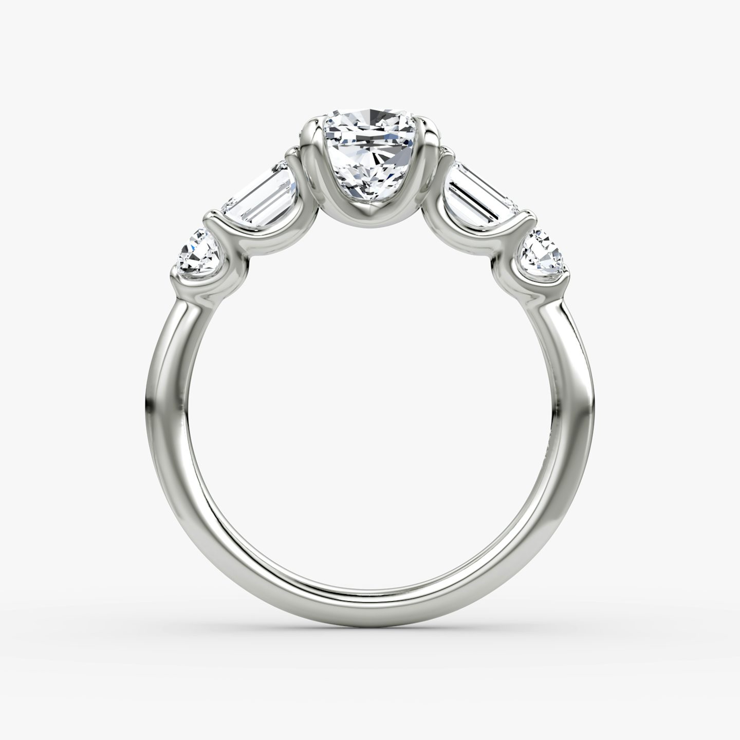 The Mixed Shape | Cushion | Platinum | bandAccent: Plain | sideStoneOrientation: horizontal | sideStoneShape: Emerald and Round Brilliant | diamondOrientation: vertical | caratWeight: other