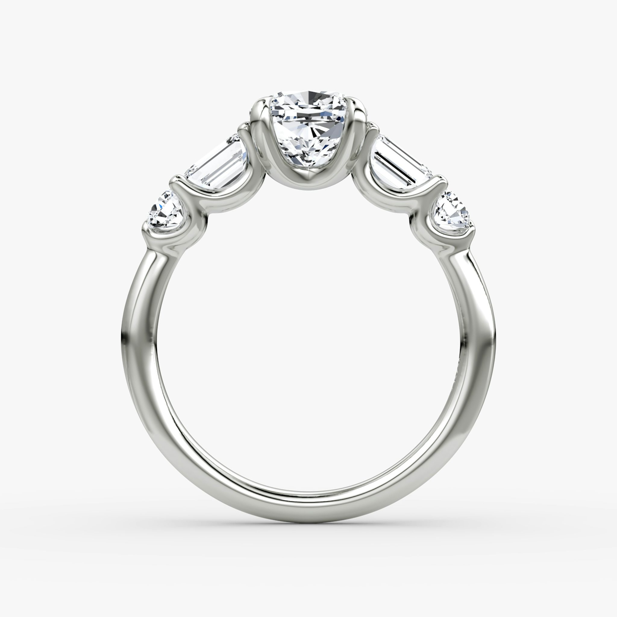 The Mixed Shape | Cushion | 18k | White Gold | bandAccent: Plain | sideStoneOrientation: horizontal | sideStoneShape: Emerald and Round Brilliant | diamondOrientation: vertical | caratWeight: other