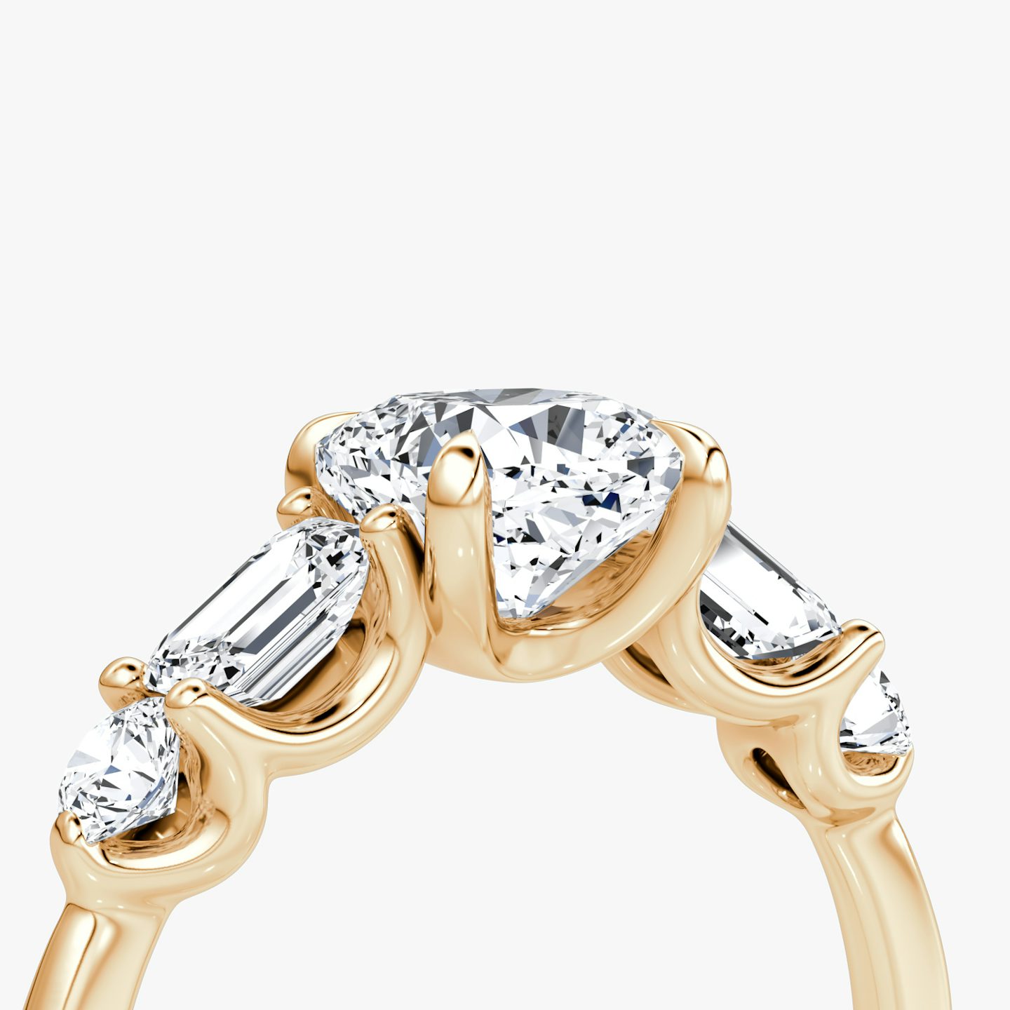 The Mixed Shape | Cushion | 14k | Rose Gold | bandAccent: Plain | sideStoneOrientation: horizontal | sideStoneShape: Emerald and Round Brilliant | diamondOrientation: vertical | caratWeight: other