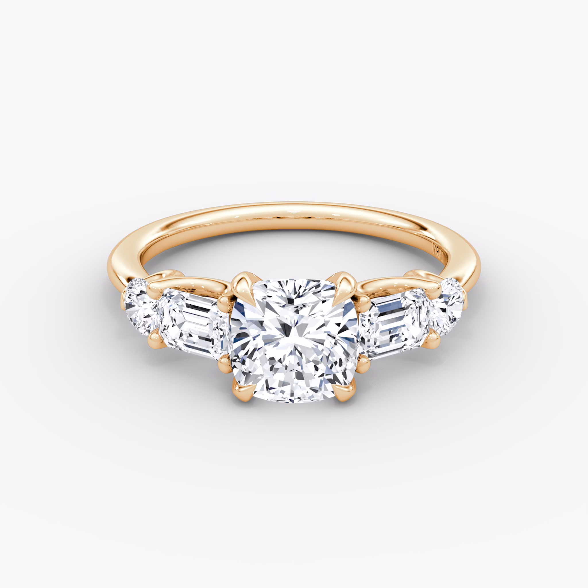 The Mixed Shape | Cushion | 14k | Rose Gold | bandAccent: Plain | sideStoneOrientation: horizontal | sideStoneShape: Emerald and Round Brilliant | diamondOrientation: vertical | caratWeight: other